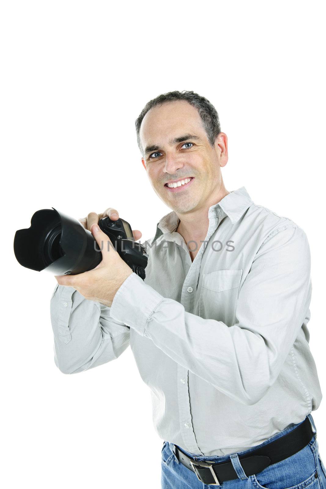 Portrait of male photographer with camera isolated on white background