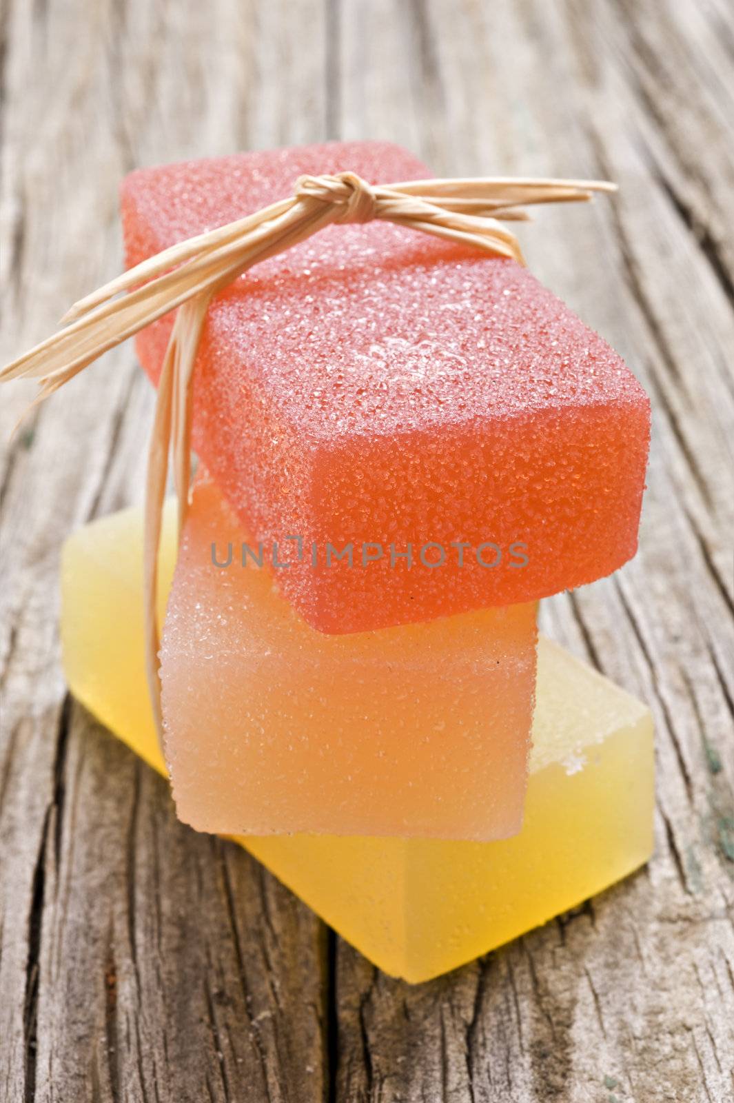 Three bars of organic glycerin soap in a spa.