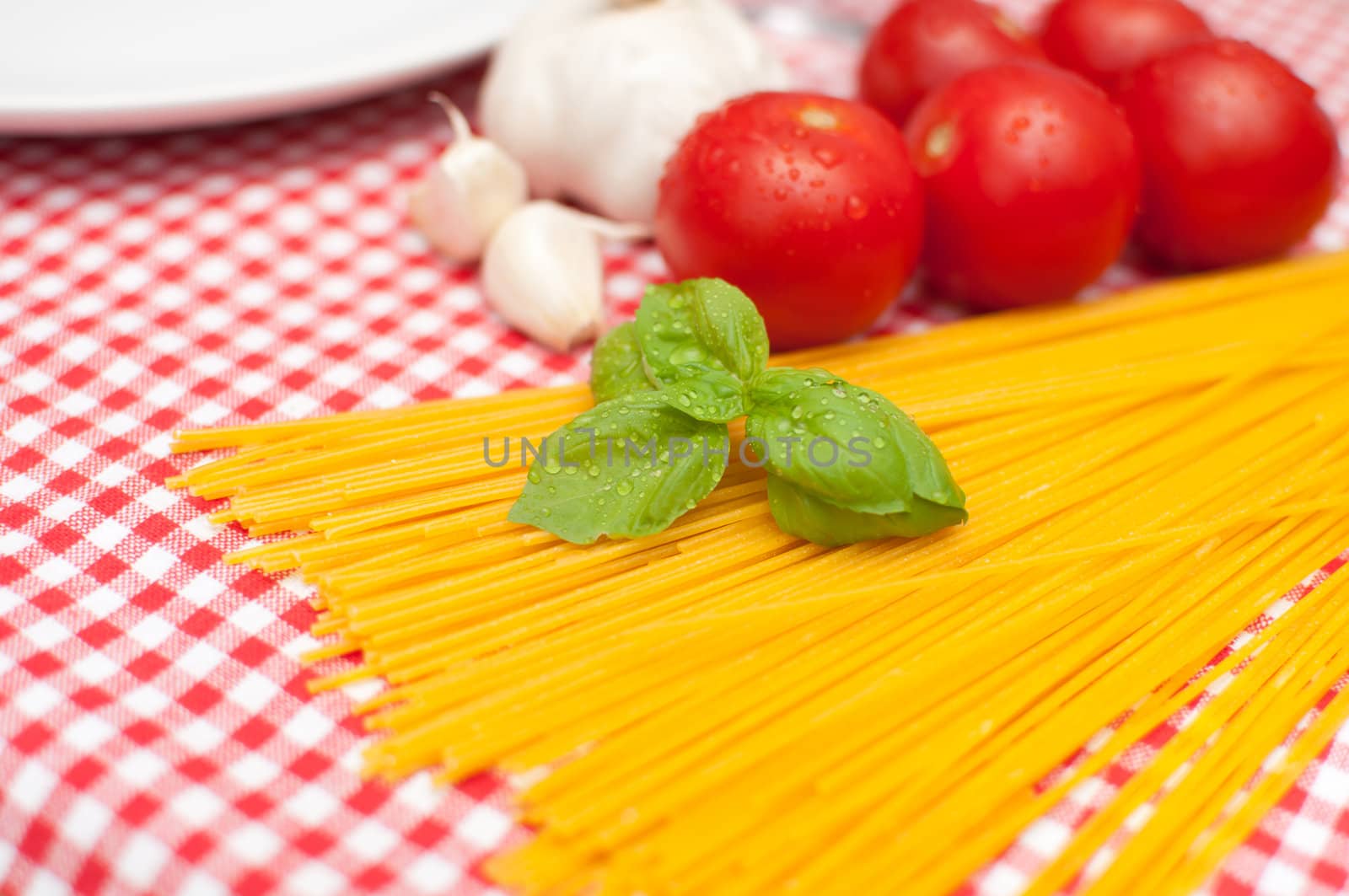 Spaghetti, Garlic, Basil and Tomatoes on Table - shallow depth of field