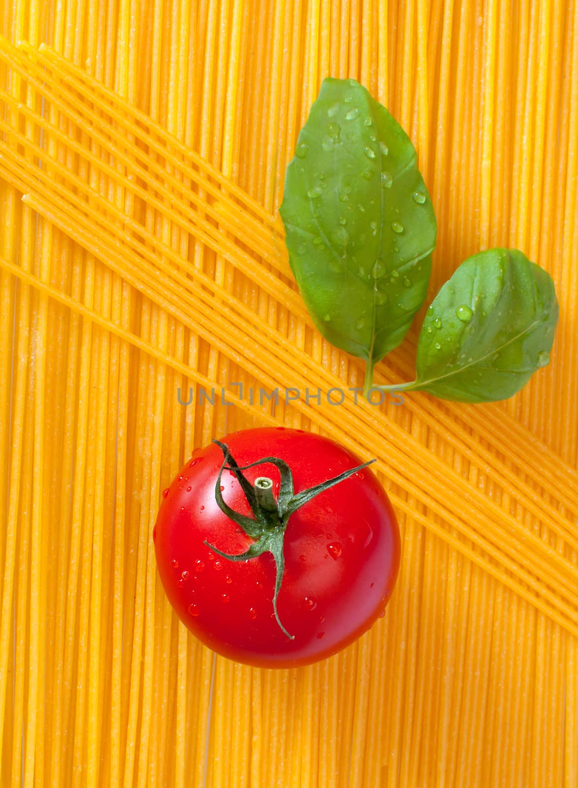 Tomato and Basil Leaves on Background of Spaghetti