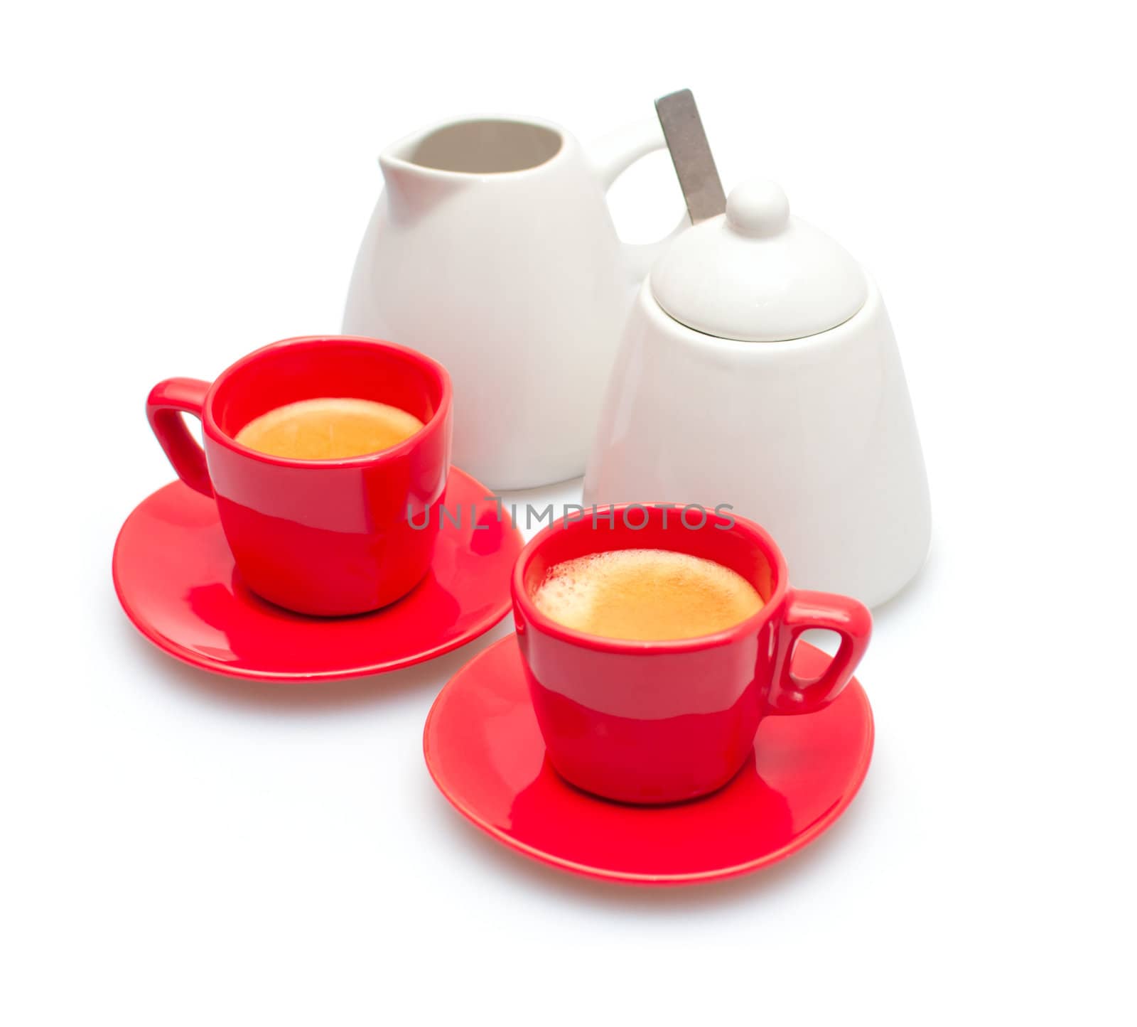 Espresso Coffee in Red Mugs, Cream Pot and Sugar Basin on White Background
