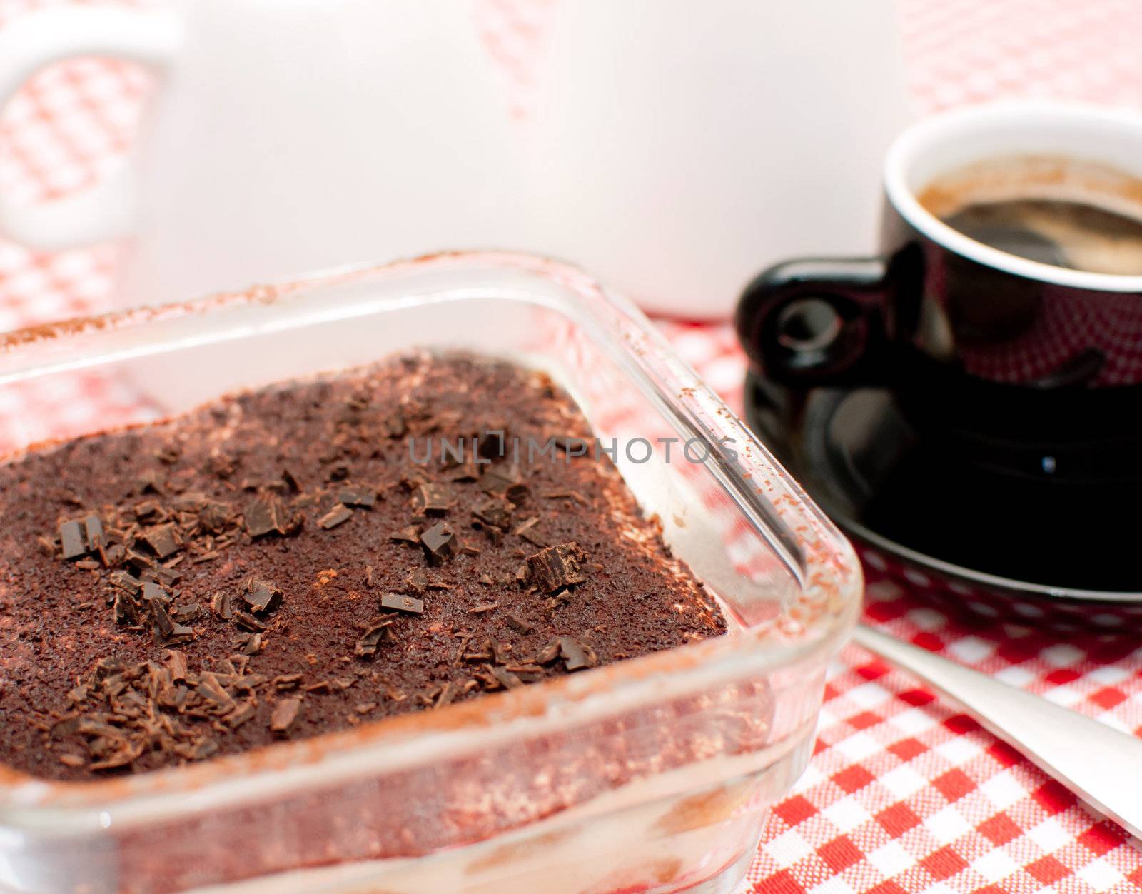 Homemade Tiramisu and Expresso Coffee on Table