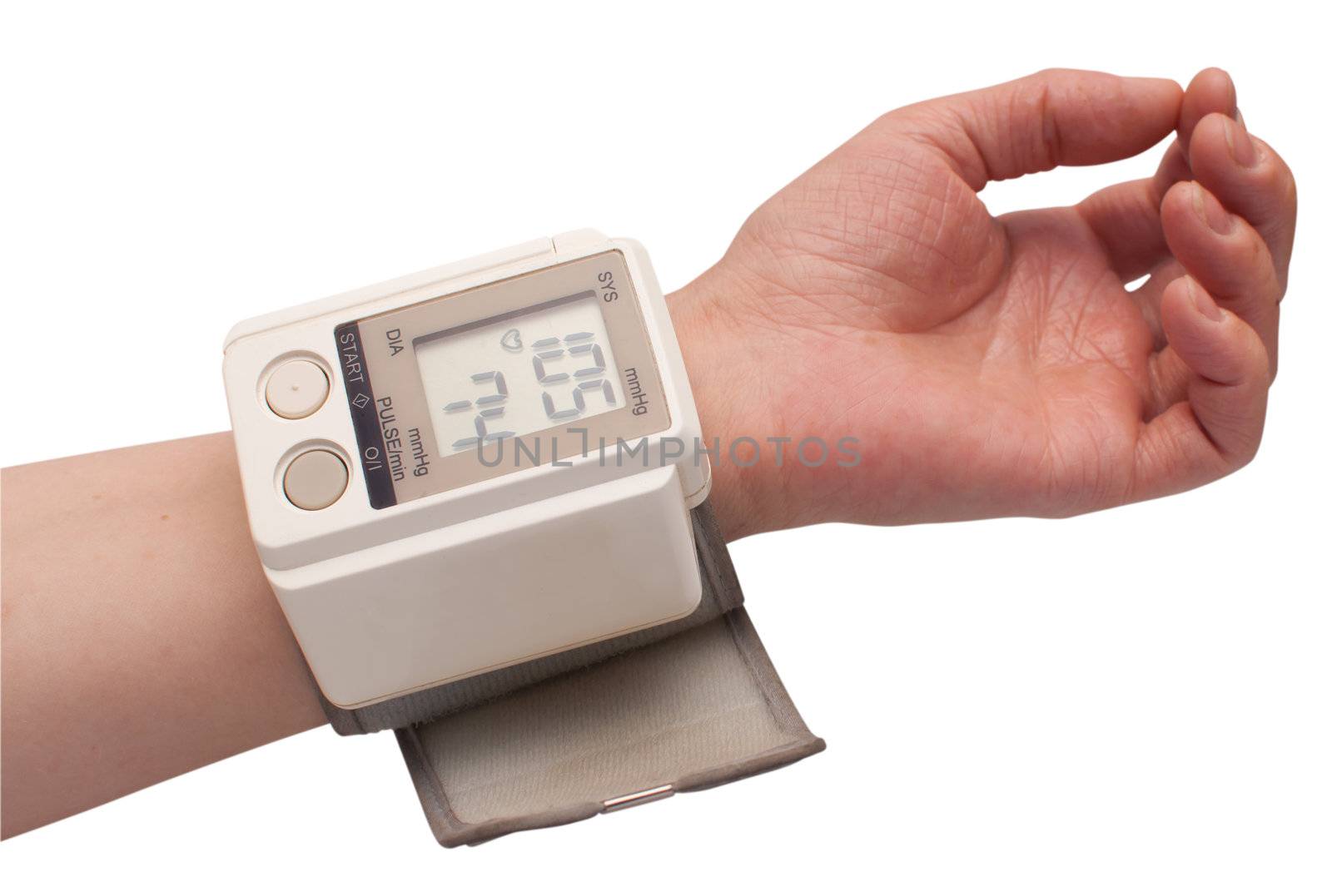 Measuring the Blood Pressure - Female Hand isolated on white - with clipping path