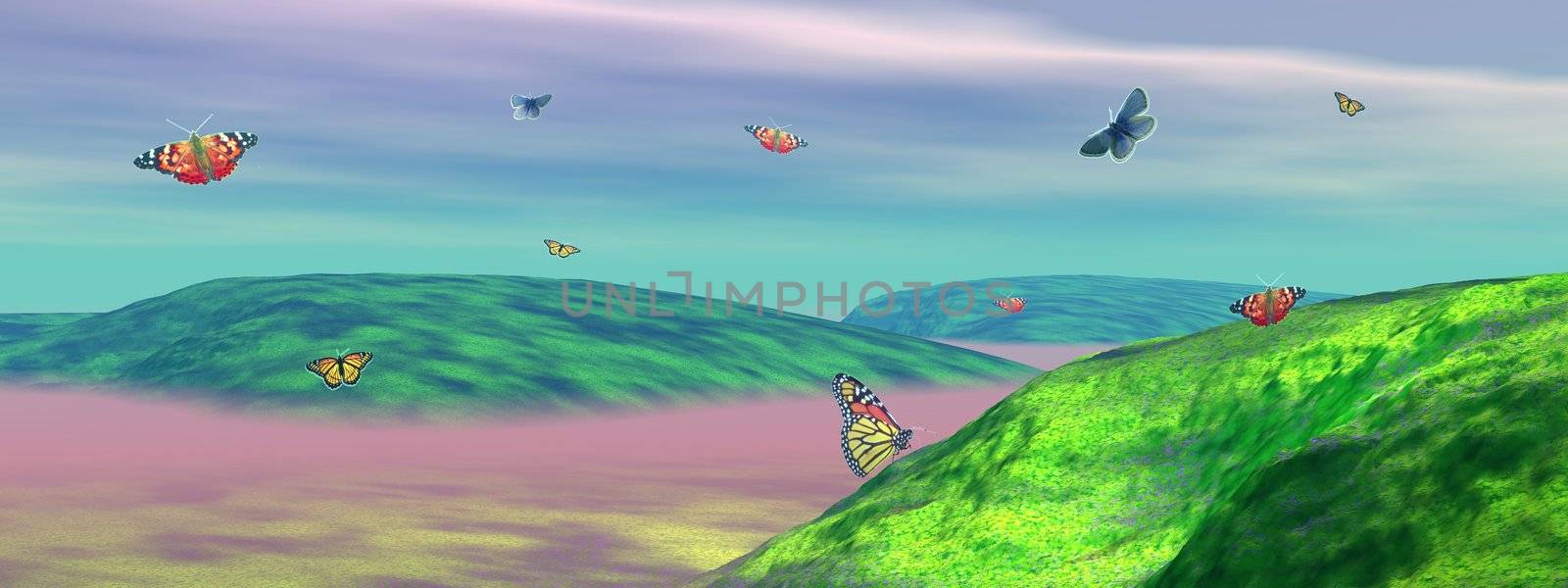 Many colored butterflies dansing upon green foggy hills by cloudy weather