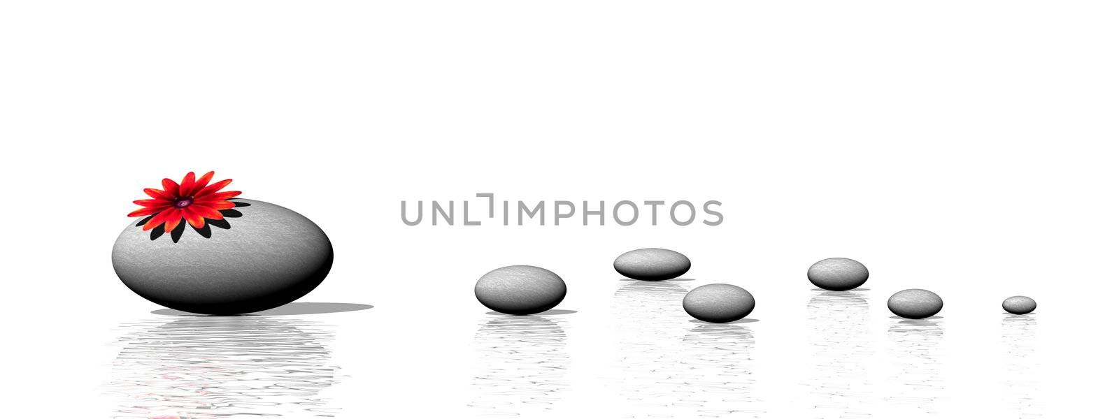 A big grey stones with a beautiful red flower on it and small pebbles in a white background