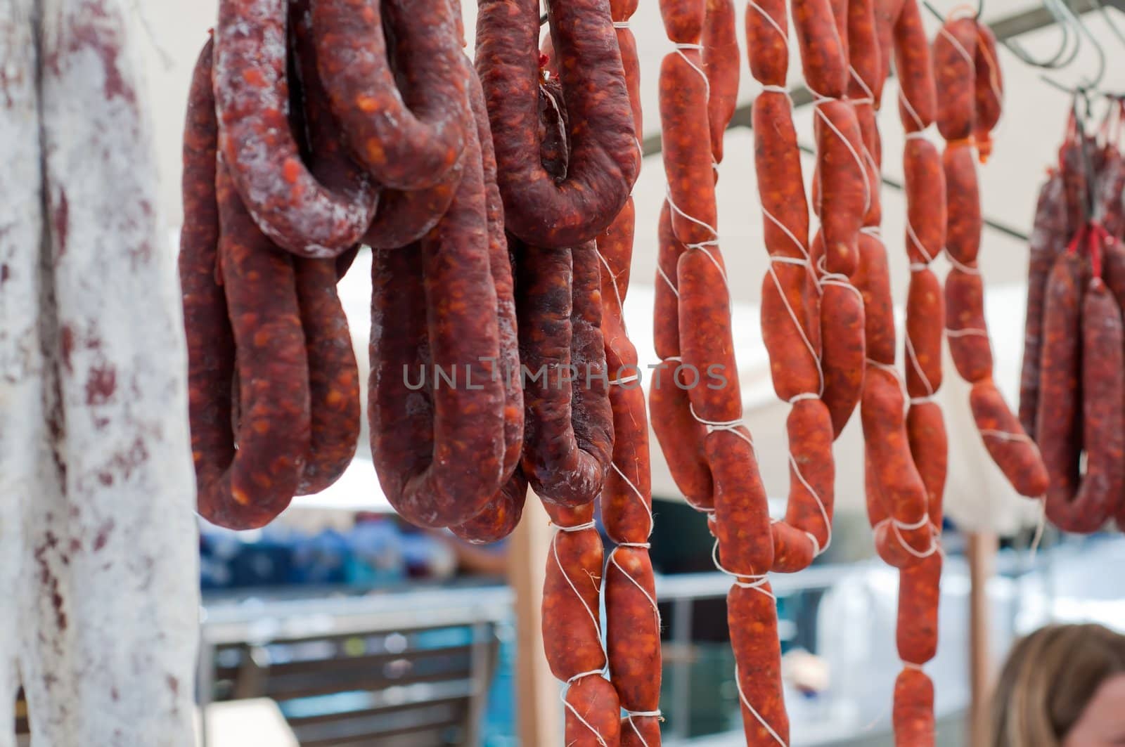 Shot of wurst and sausage on the market
