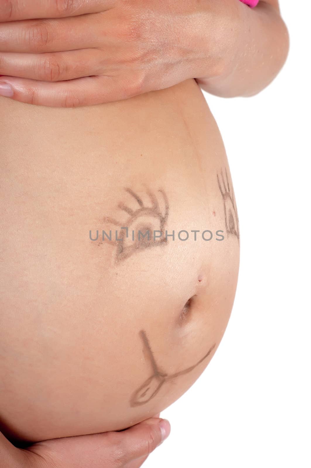 Smile on pregnant woman tummy isolated on white