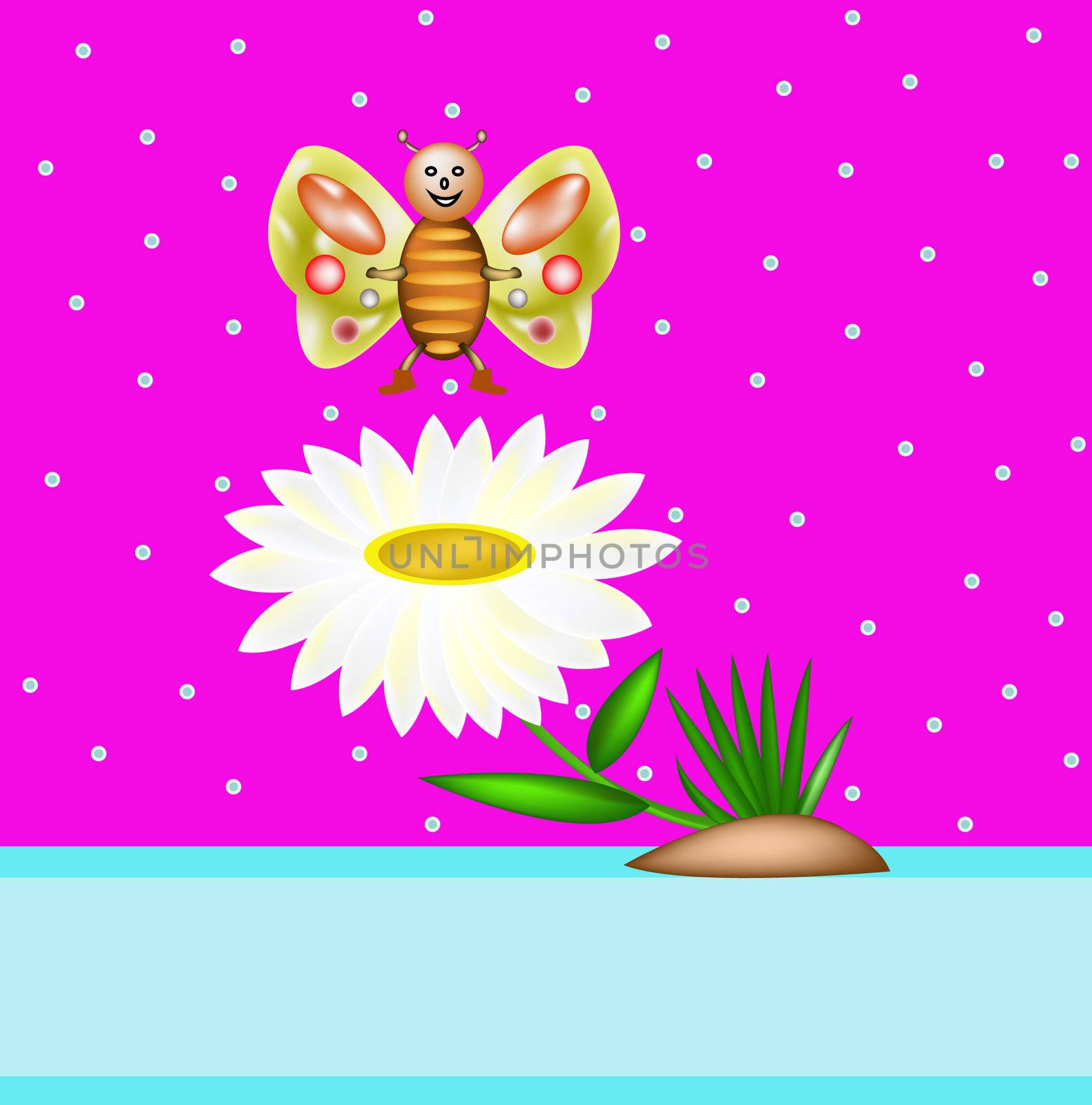 Children's illustration with the butterfly and a flower on a pink background