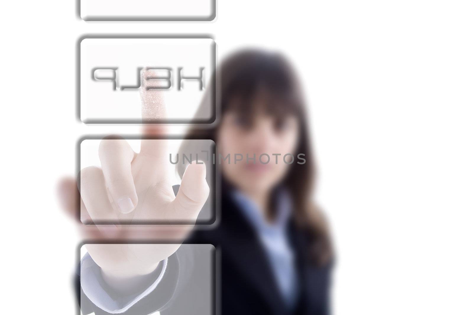 businesswoman pressing the Help button isolated in white background