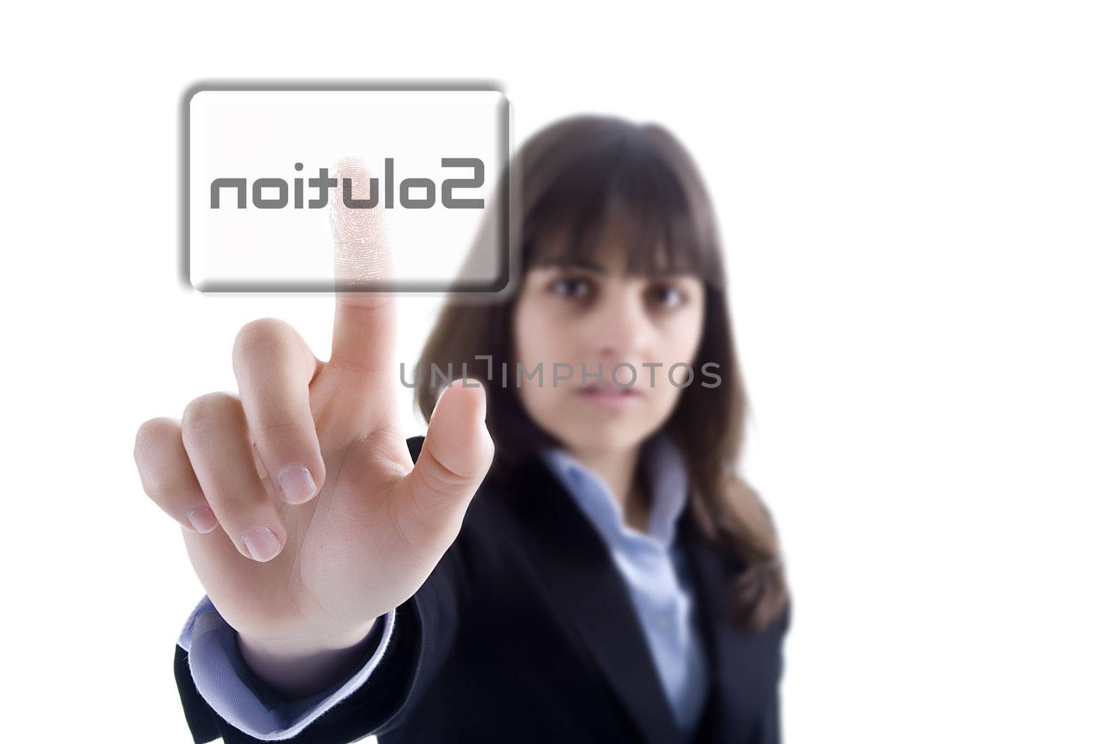 businesswoman pressing the solution button isolated in white background
