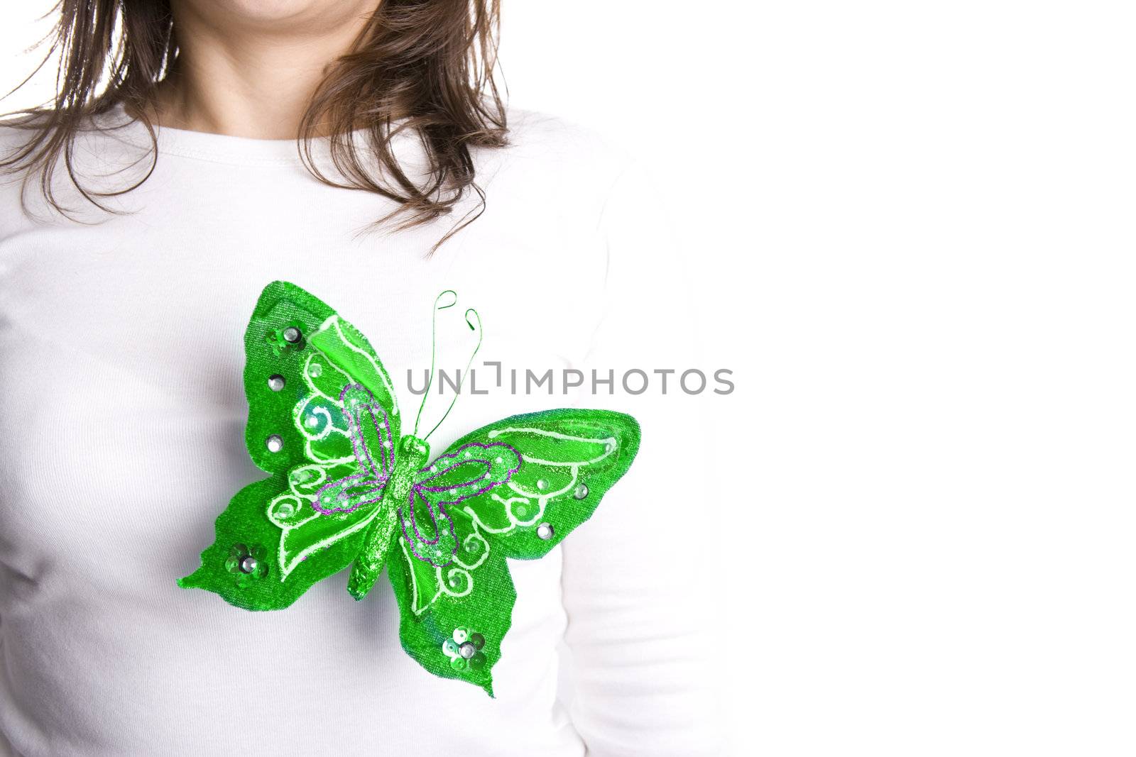 green butterfly standing on young woman chest by mlopes