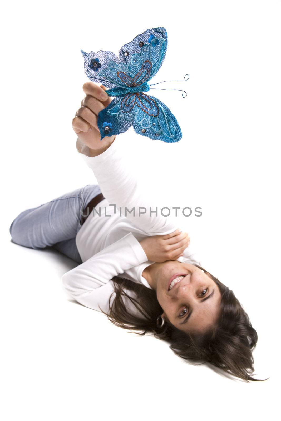 young woman holding blue butterfly