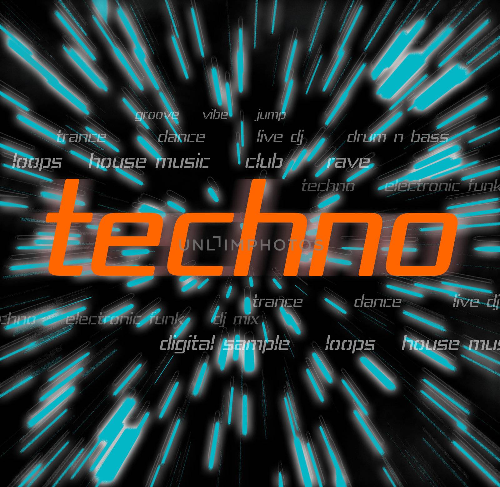 A techno montage with typography and graphics.
