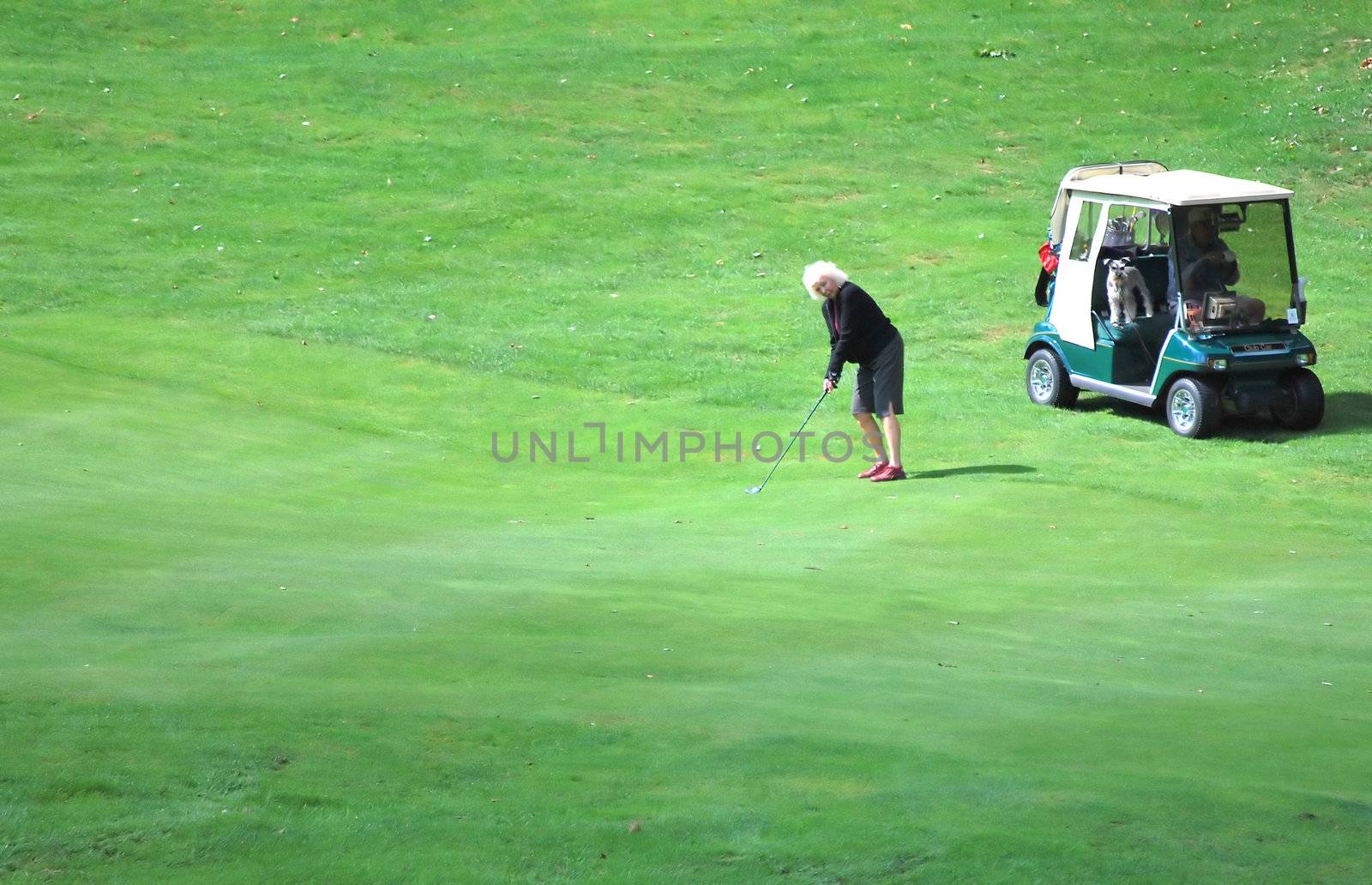 Happy senior woman playing a round of golf.
