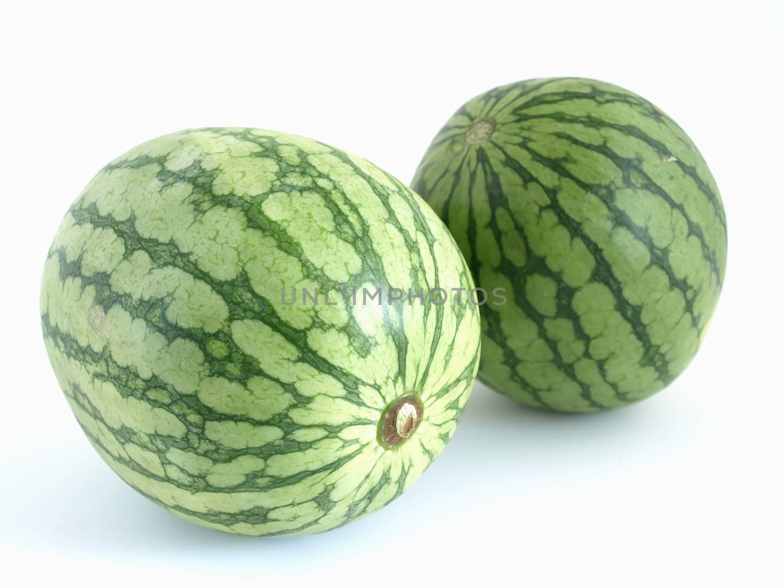Two isolated green watermelons studio isolated against a white background.