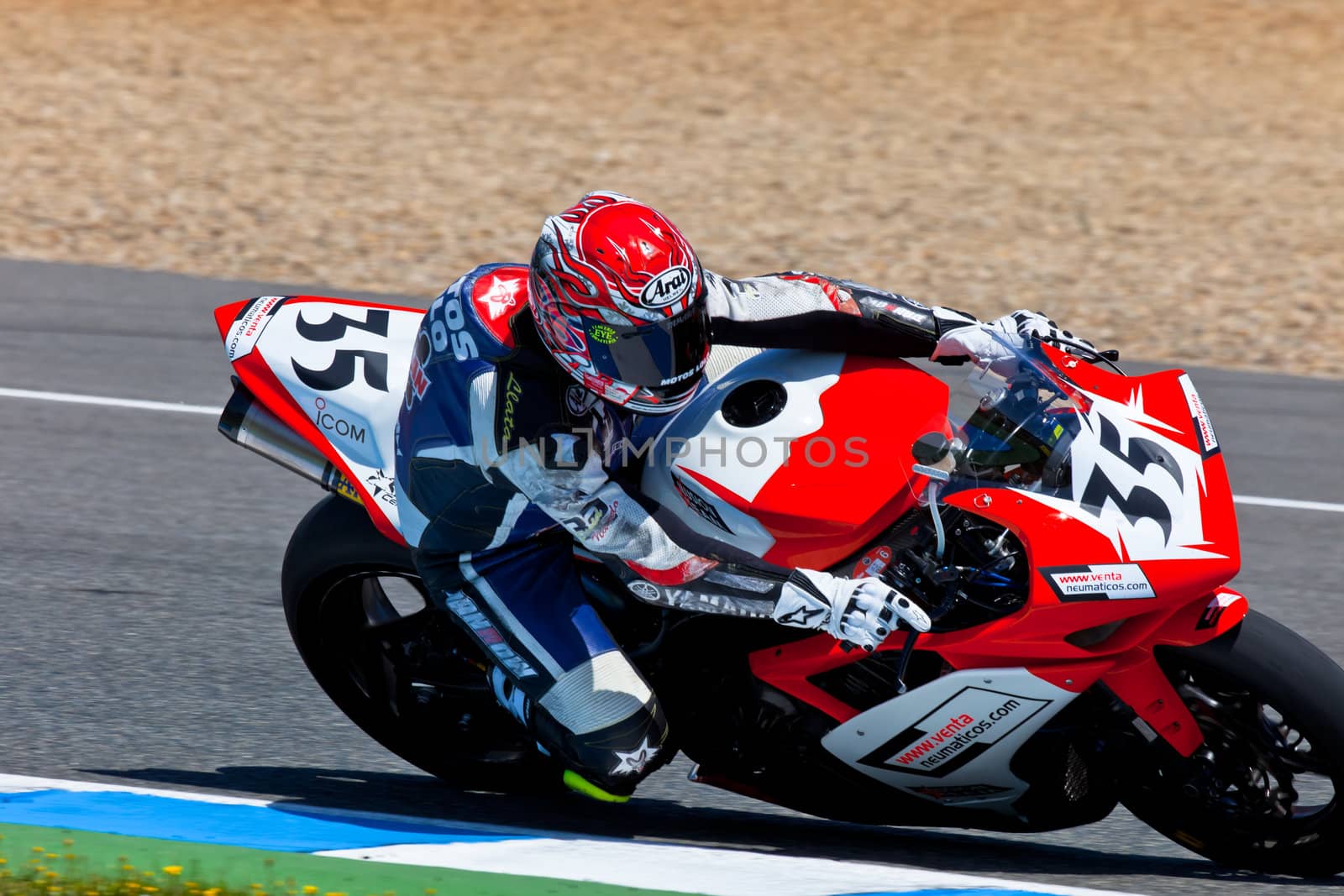 JEREZ DE LA FRONTERA, SPAIN - APR 17: Stock Extreme motorcyclist Luis Fernando Sainz takes a curve in the CEV Championship race on April 17, 2011 in Jerez de la Frontera, Spain