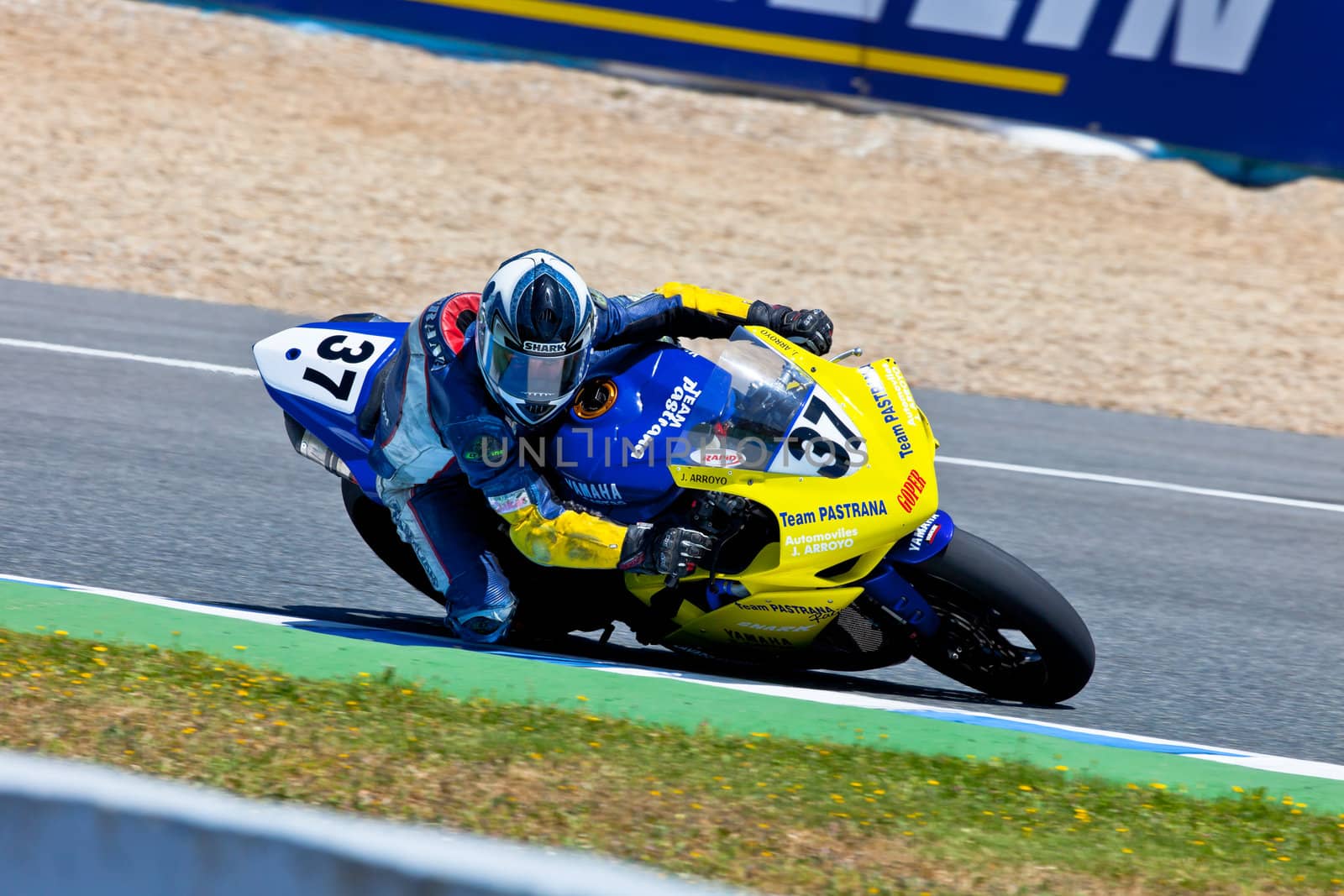JEREZ DE LA FRONTERA, SPAIN - APR 17: Stock Extreme motorcyclist Jorge Arroyo takes a curve in the CEV Championship race on April 17, 2011 in Jerez de la Frontera, Spain