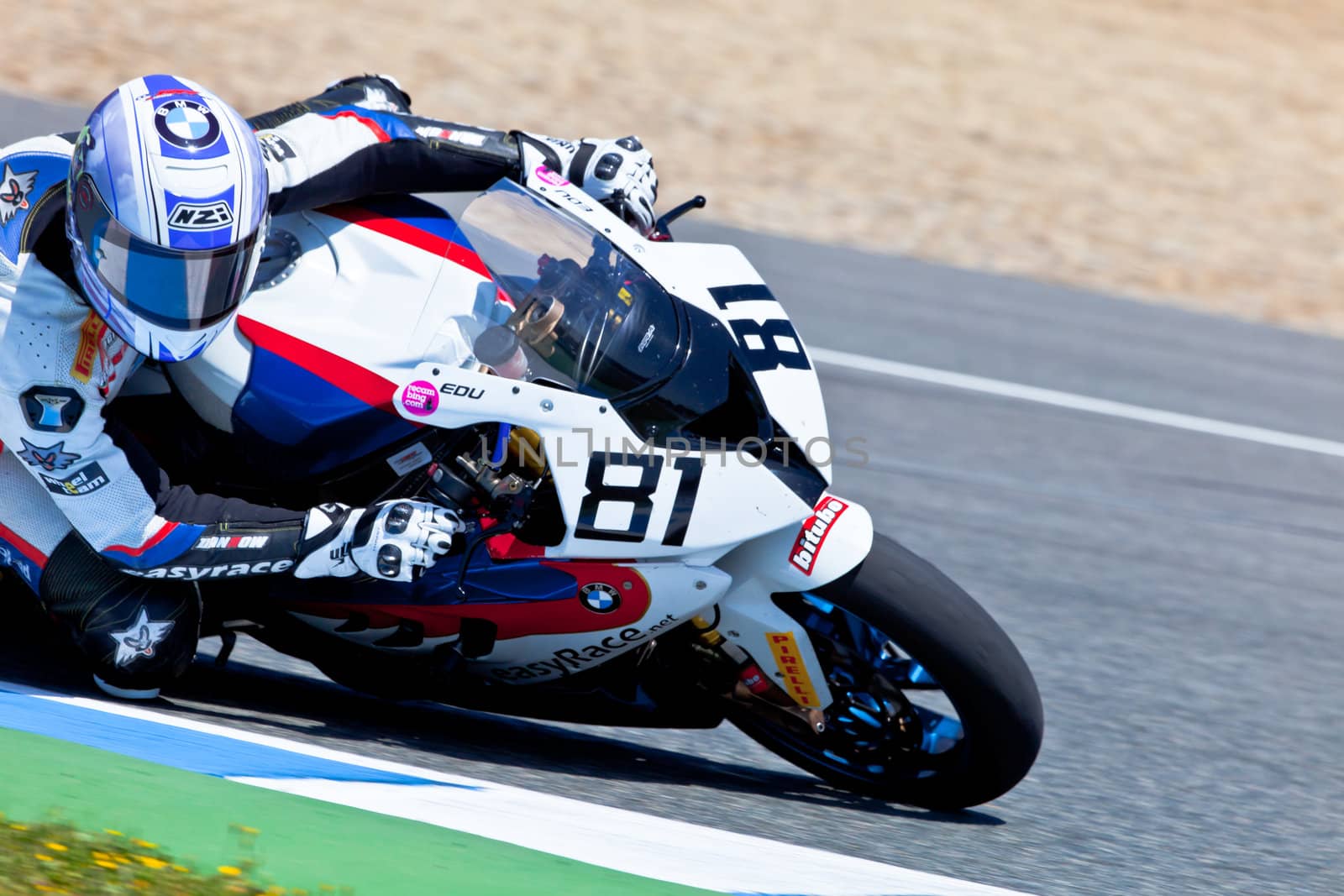 JEREZ DE LA FRONTERA, SPAIN - APR 17: Stock Extreme motorcyclist Eduardo Salvador takes a curve in the CEV Championship race on April 17, 2011 in Jerez de la Frontera, Spain