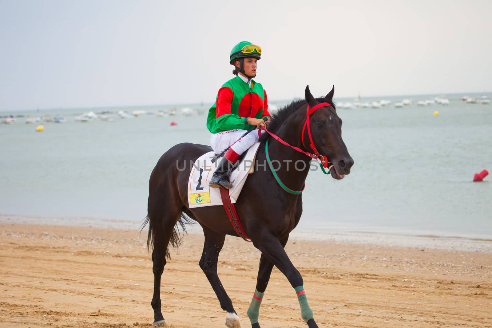 SANLUCAR DE BARRAMEDA, CADIZ, SPAIN - AUGUST 07: Unknown rider at the start of the horses races of the beach of Sanlucar de Barrameda on August 07, 2010 in Sanlucar de Barrameda, Cadiz, Spain.
