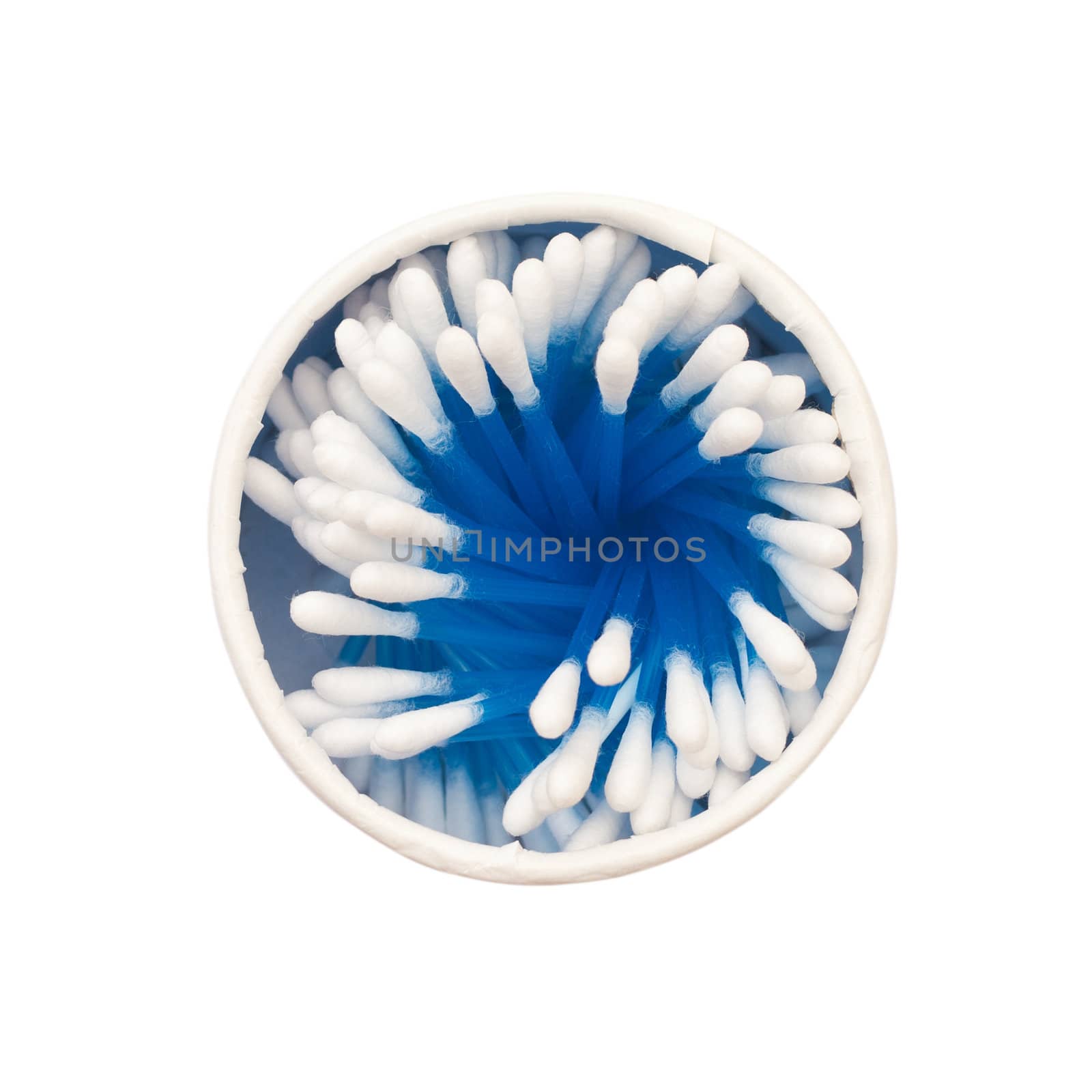 Cotton buds in a round container isolated over a white background.