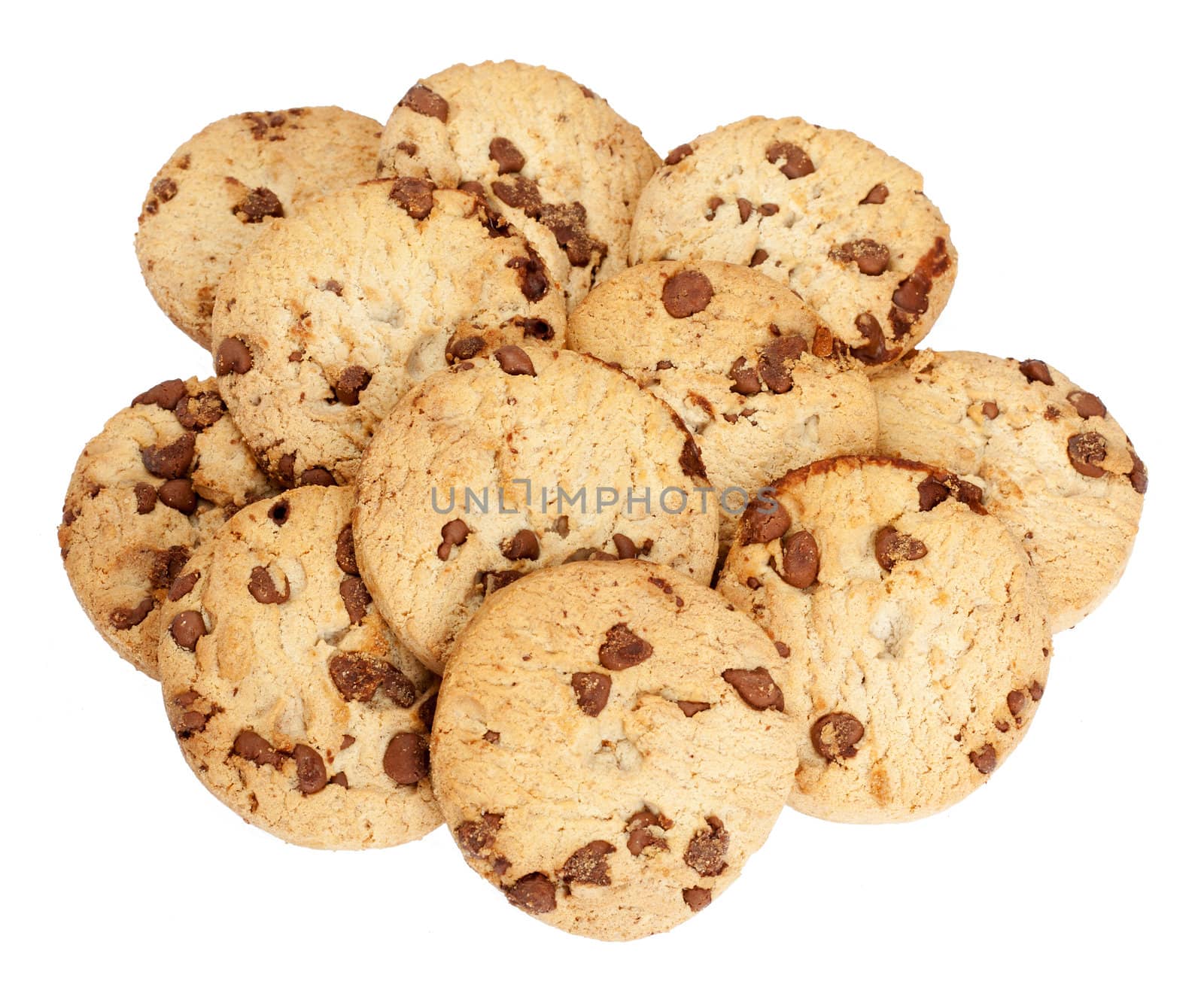 Heap of chocolate chip biscuits isolated over a white background.