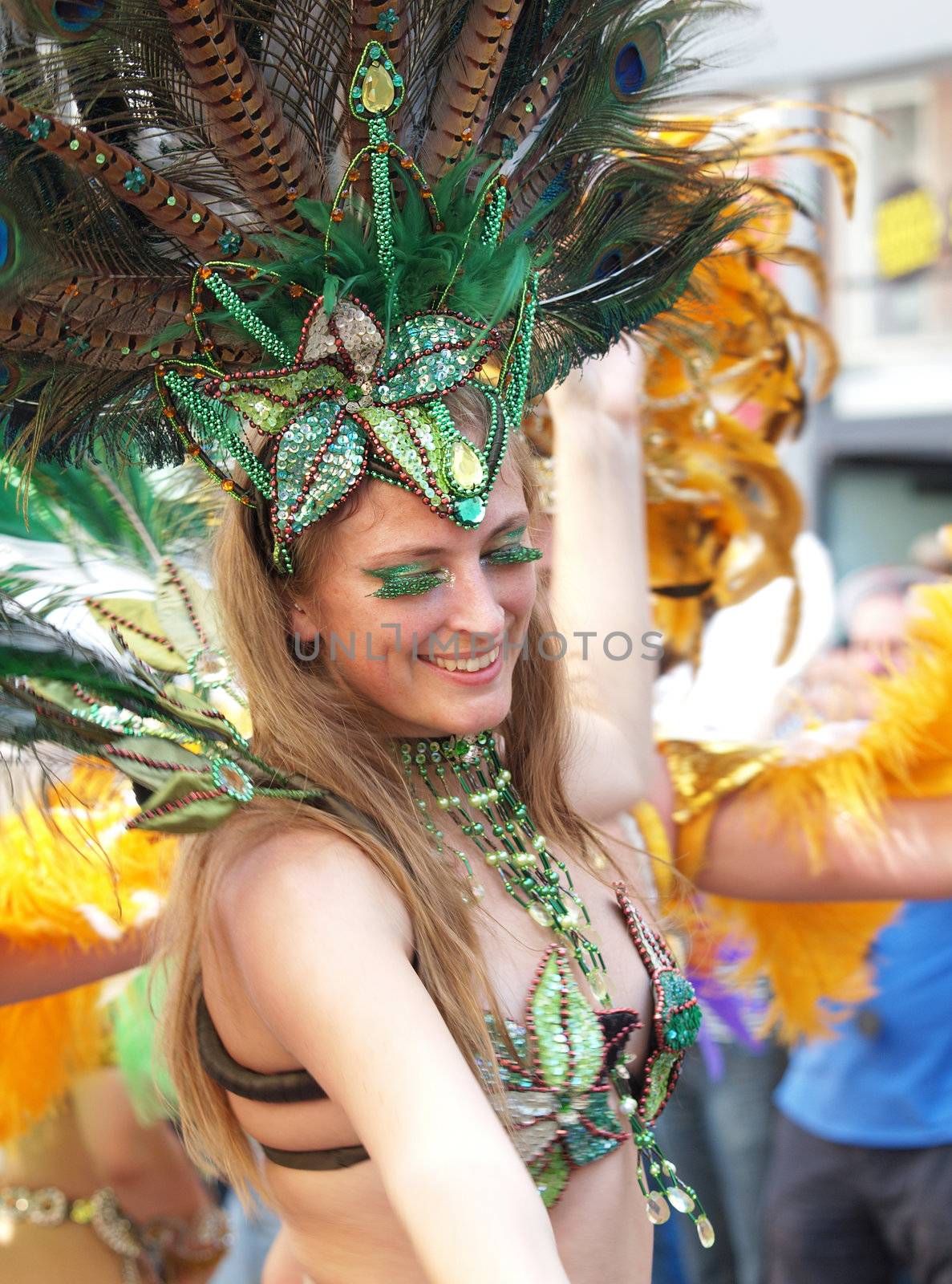 COPENHAGEN - JUNE 11: Participant in the 29th annual Copenhagen Carnival parade of fantastic costumes, samba dancing and Latin styles starts on June 10 - 12, 2011 in Copenhagen, Denmark.