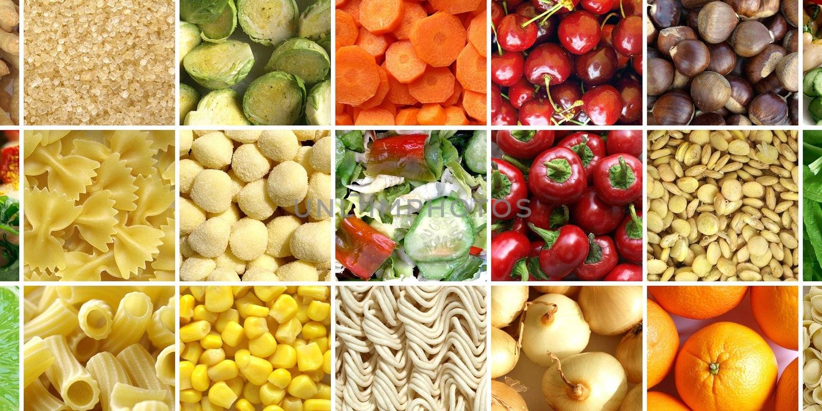 Food collage including 49 pictures of vegetables, fruit, pasta and more