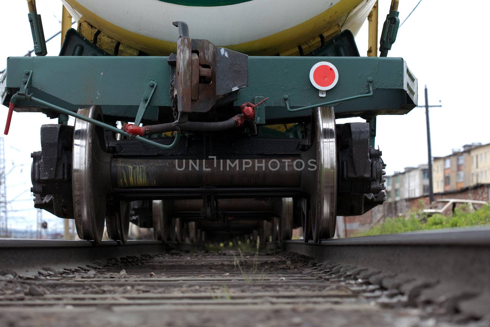 Railway. The tail of the departing train. Bottom view