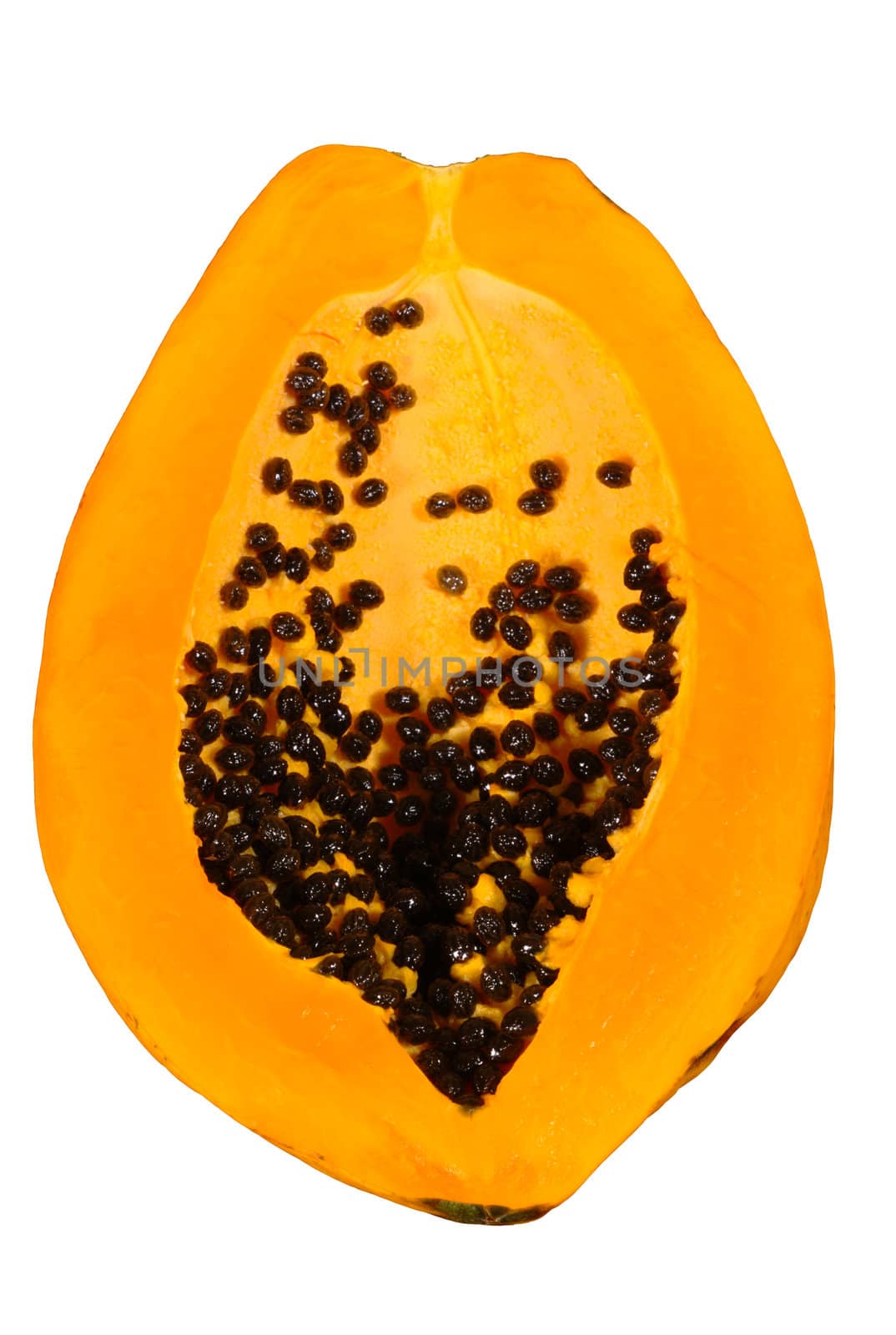 Half of a papaya fruit with seeds and fruitstand.