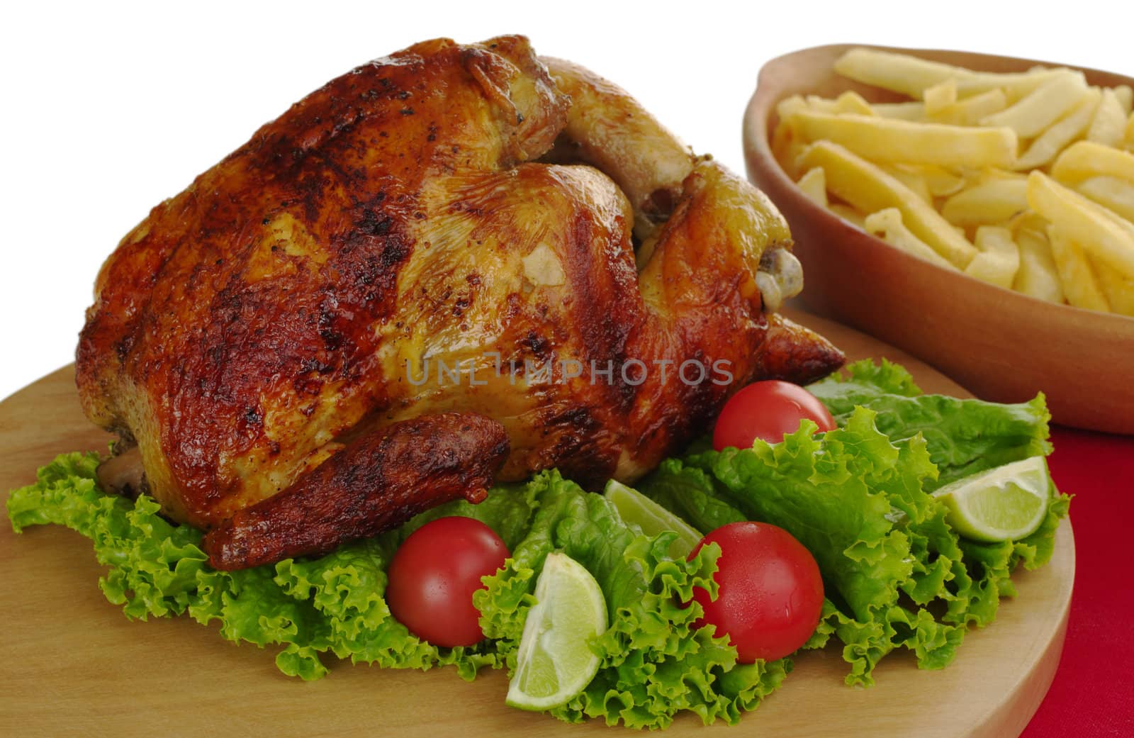 Roast chicken with lettuce, cherry tomatoes and french fries (Selective Focus, Isolated) 