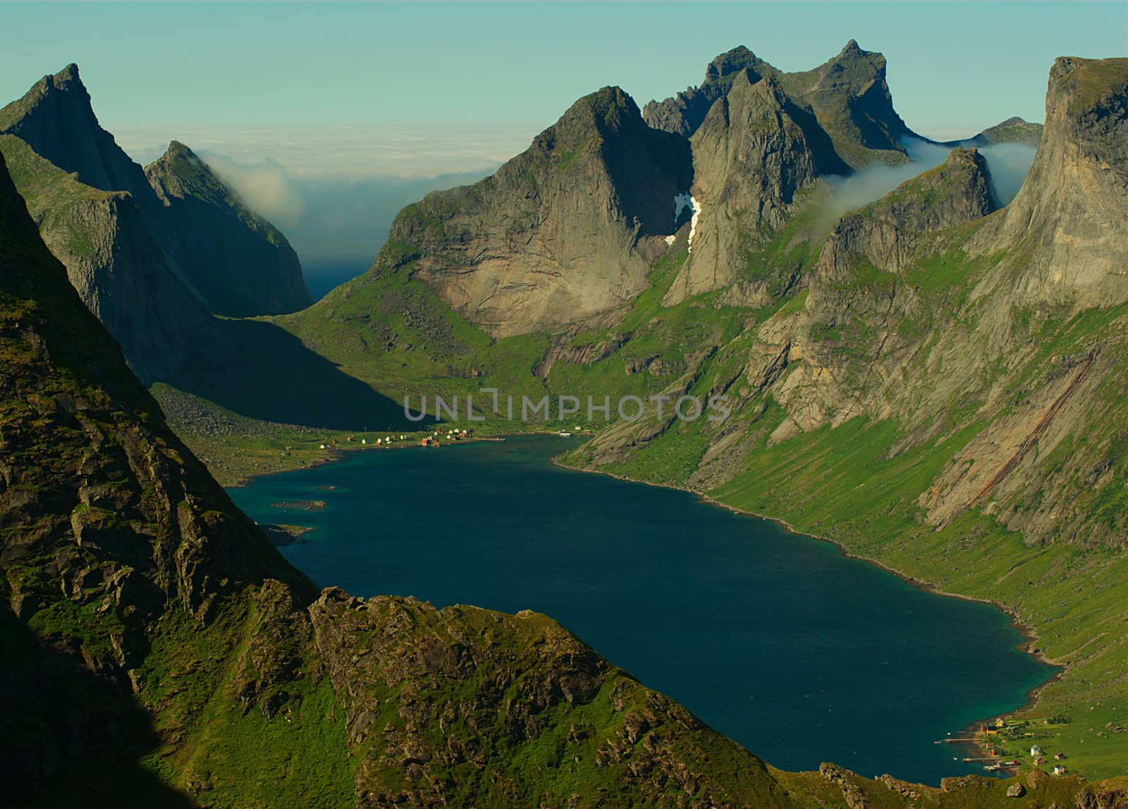 A fjord surrounded by high mountains on the Lofoten