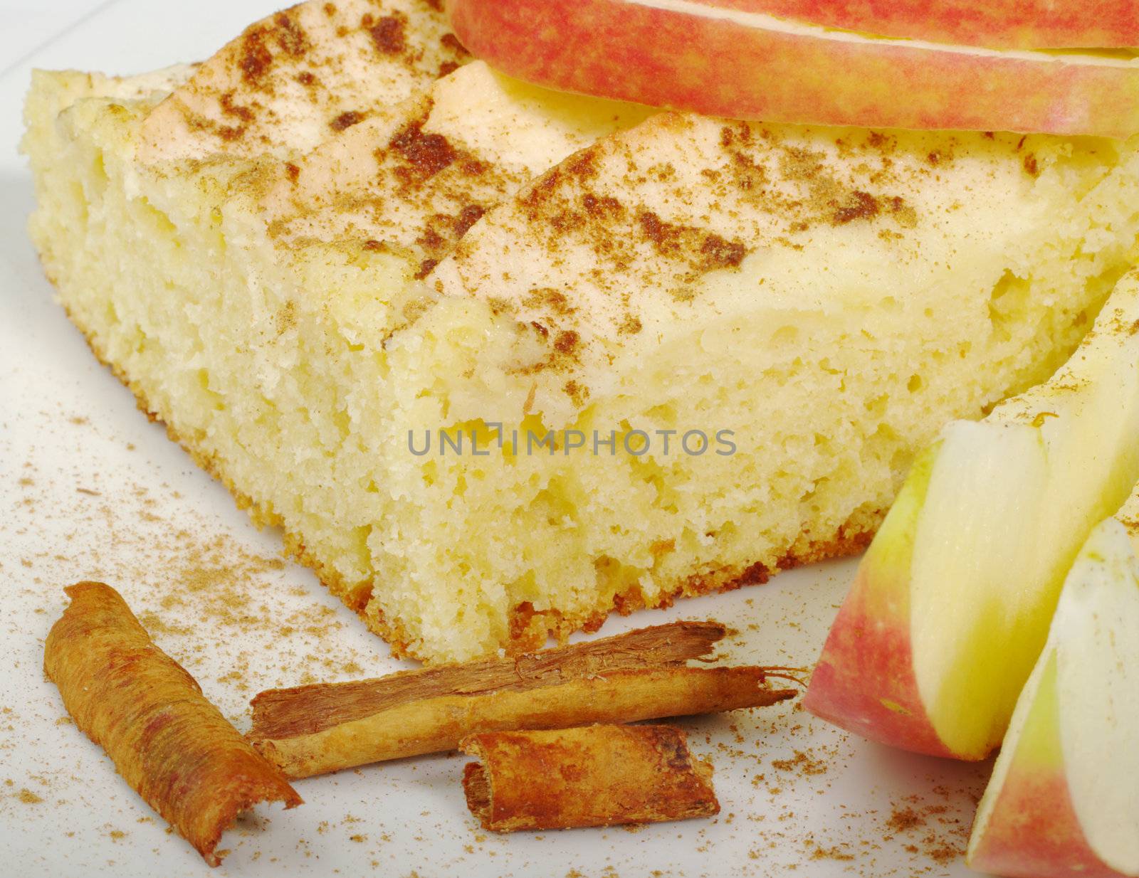 Applecake on plate with cinnamon and apple slices (Selective Focus)