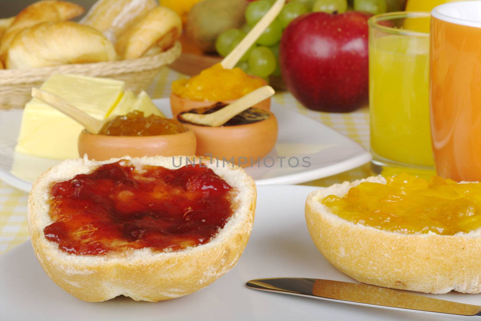 Jam breakfast with orange juice, coffee and fruits