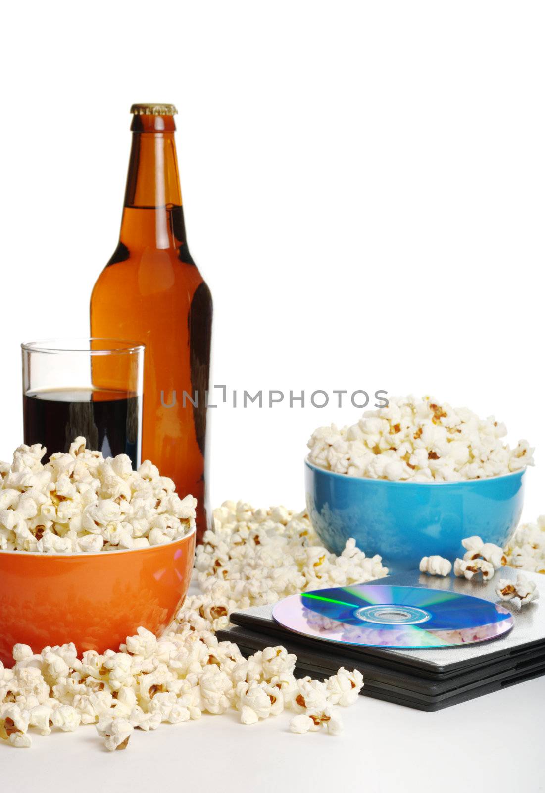 Movie night at home: Popcorn, softdrink, beer and DVD