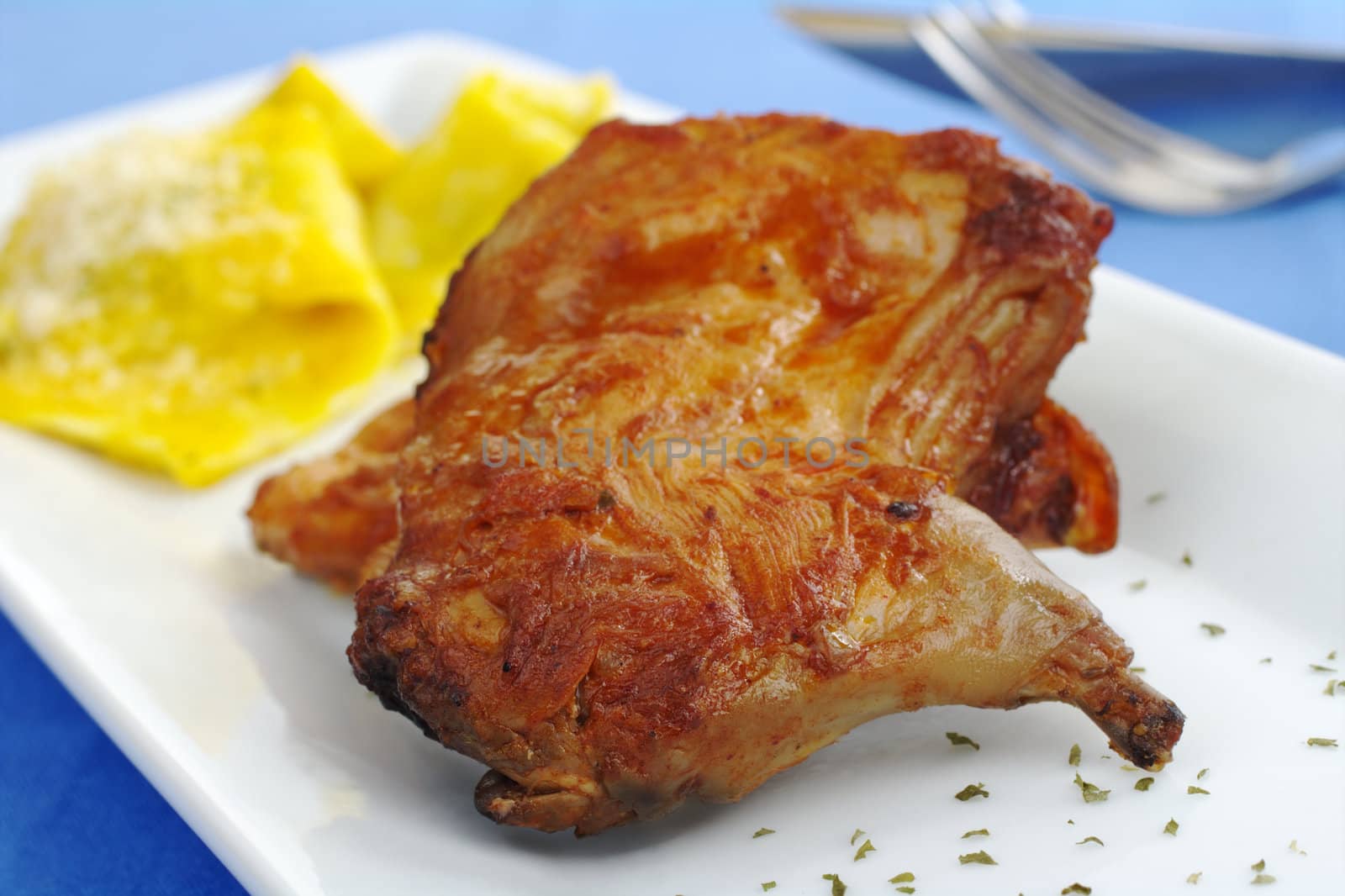 Main Dish: Guinea pig meat with ravioli on white rectangular plate (Selective Focus)