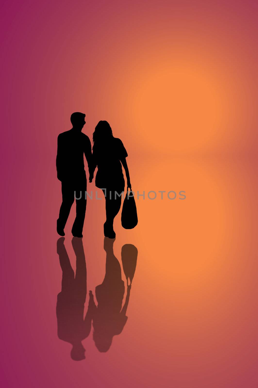 A silhouetted young couple walking on reflective surface towards a warm oranget light with pink background.