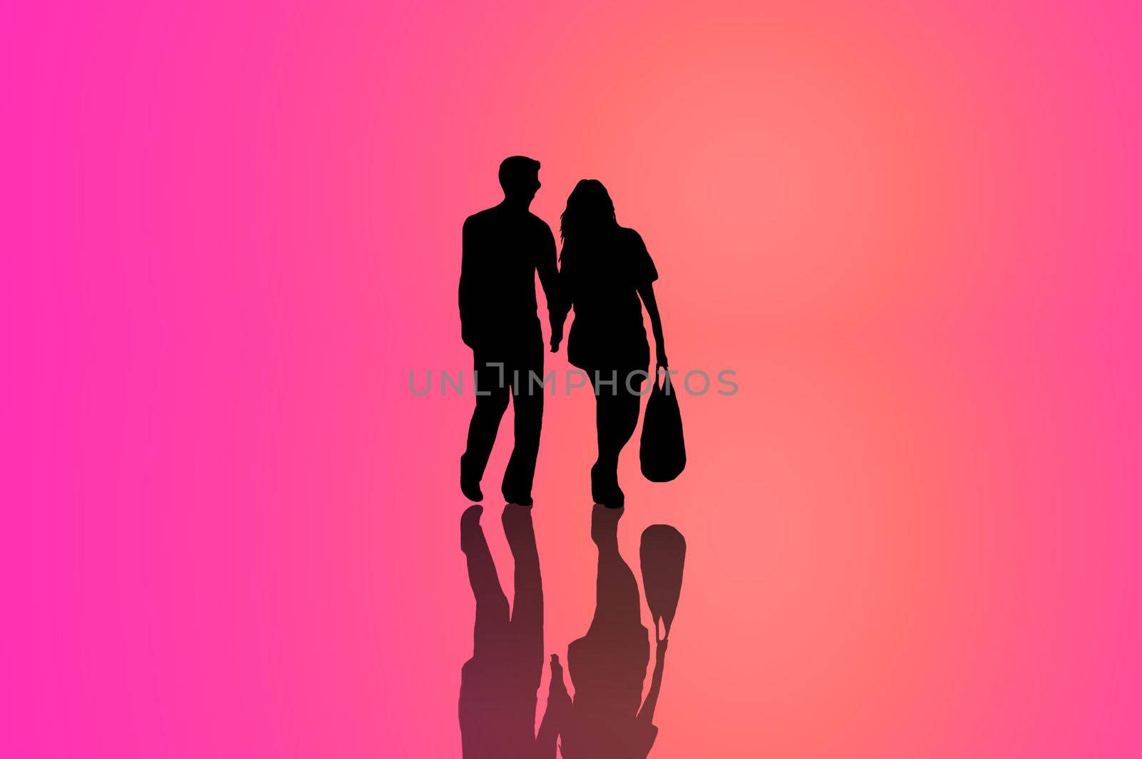 A silhouetted young couple walking on reflective surface towards a warm light with pink background.