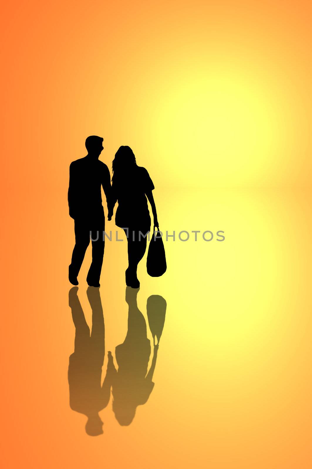 A silhouetted young couple walking on reflective surface towards a bright yellow light with warm orange background.
