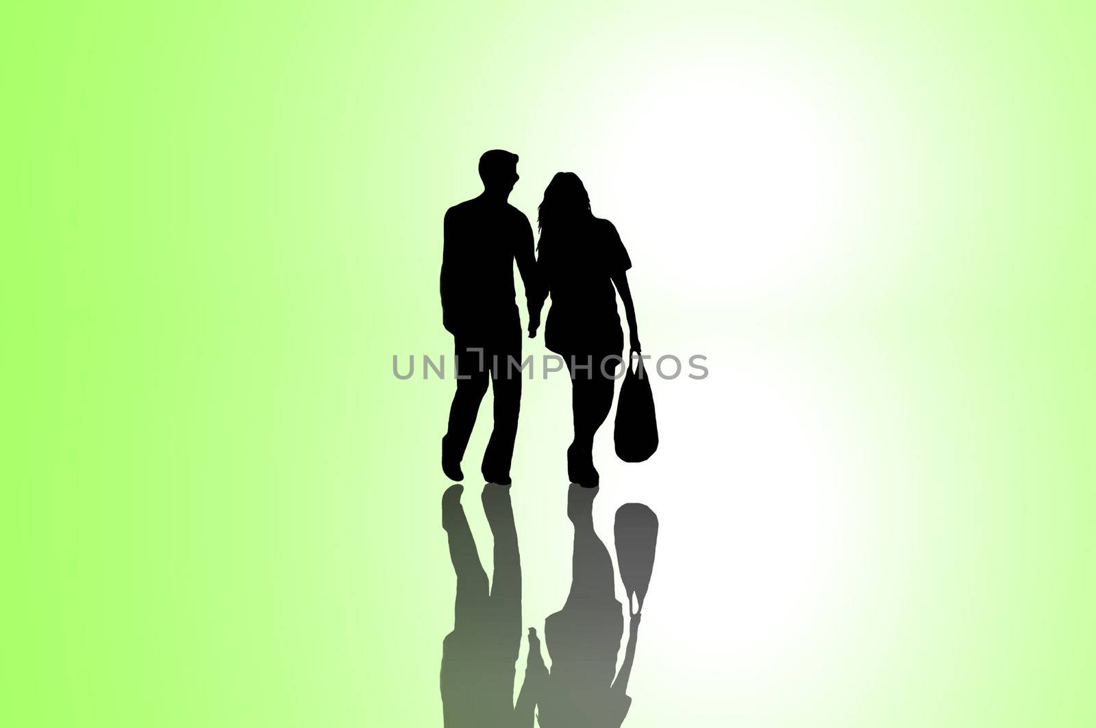 A silhouetted young couple walking on reflective surface towards a bright light with green background.