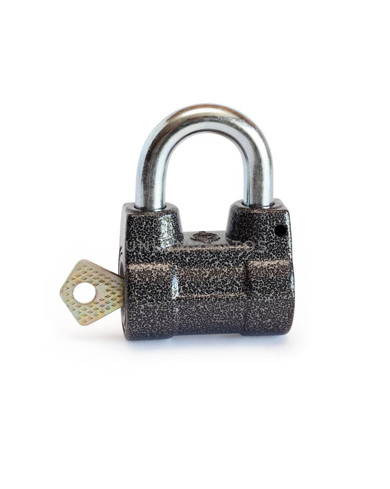 Key inserted into padlock on white background. Isolated with clipping path