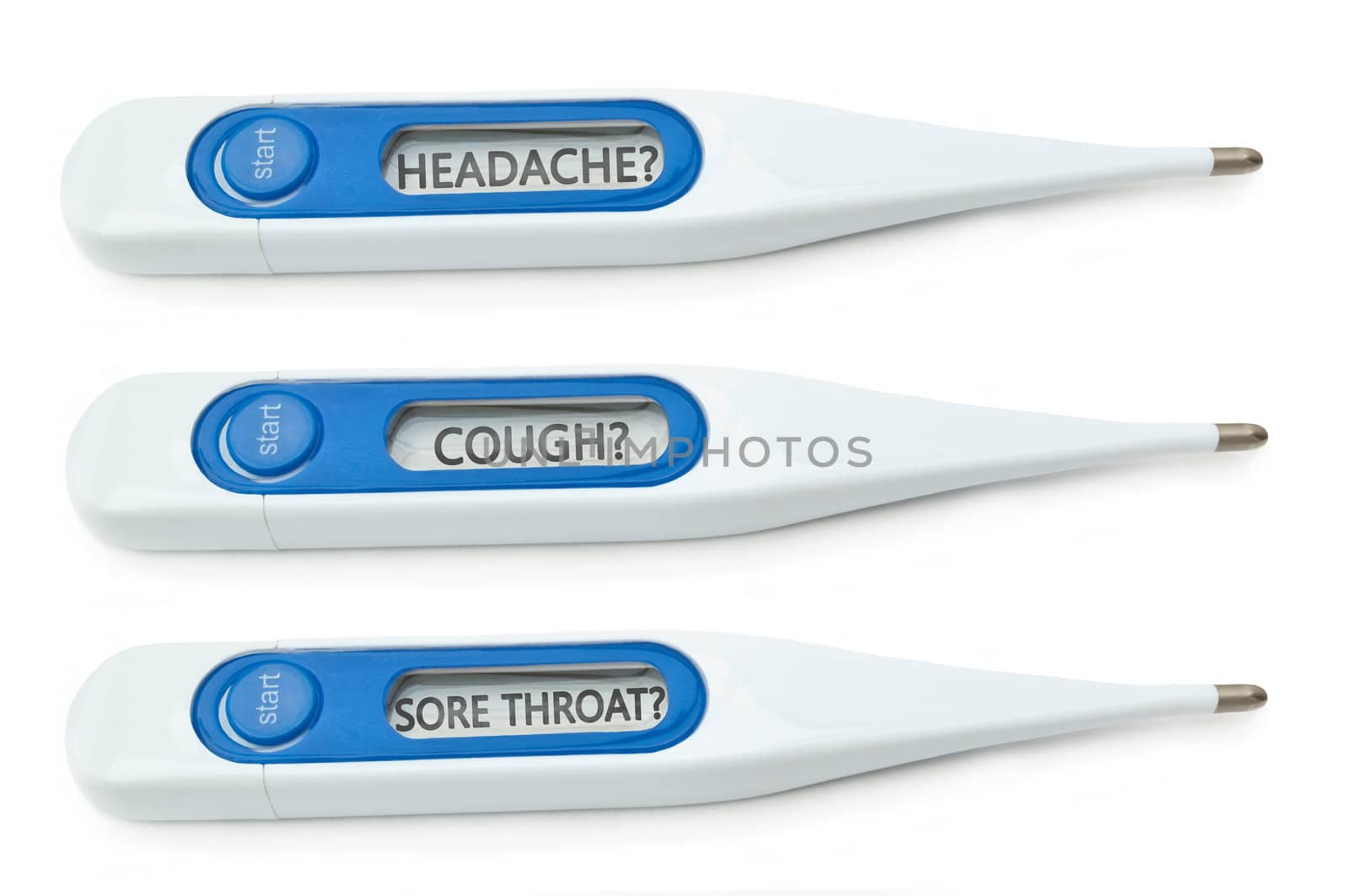 Three digital thermometers arranged parallel and horizontal with displays reading the symptoms of Flu. White background