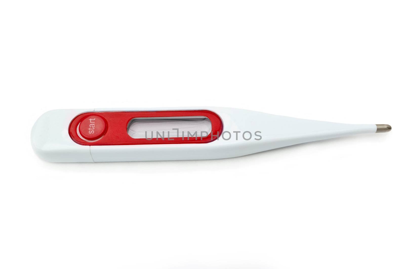 A single red and white plastic digital thermometer with blank display arranged over white