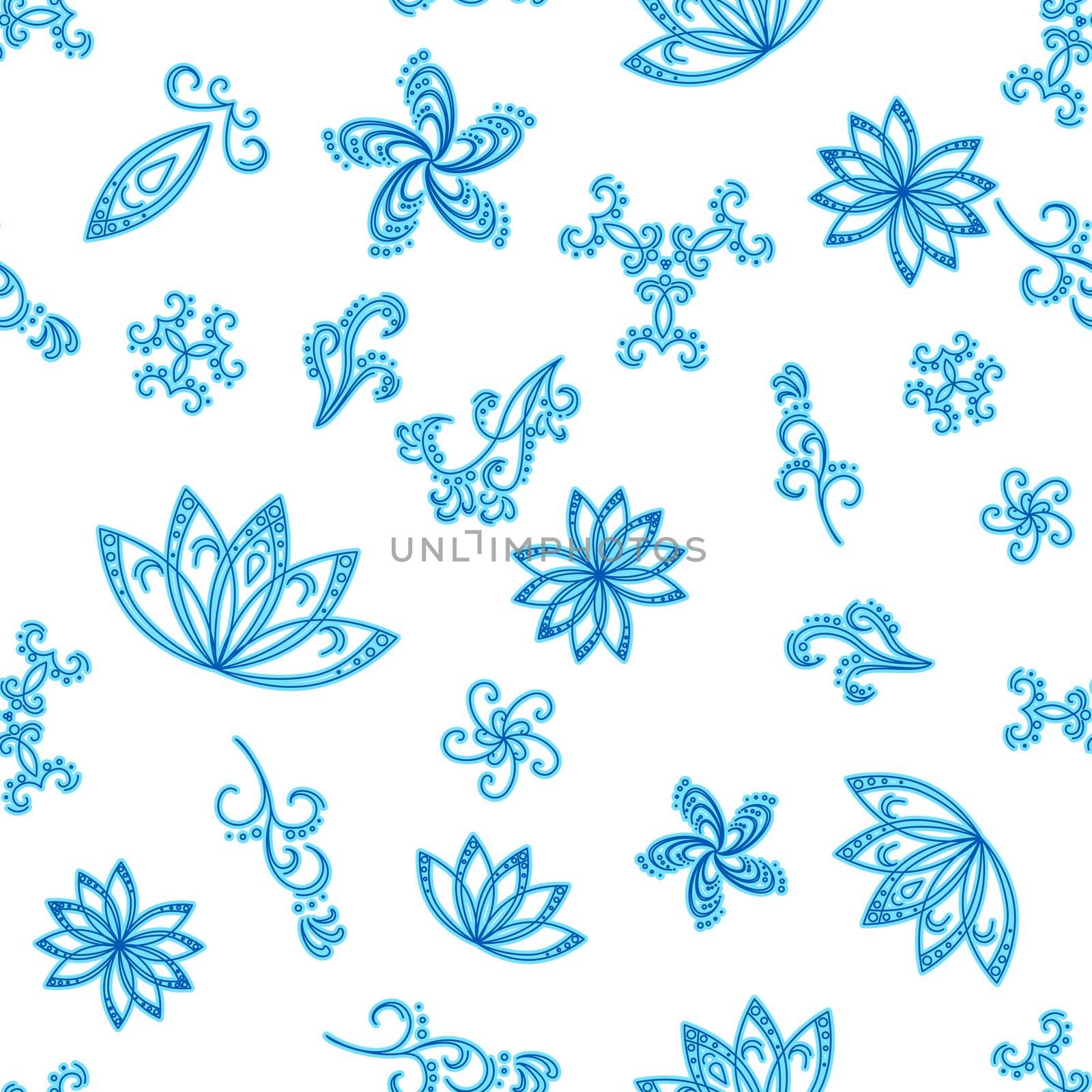 Abstract white seamless background with blue graphic floral pattern