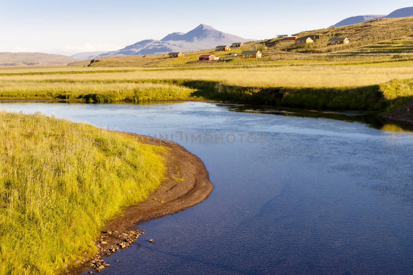 View on Varmahlio village next to Heradsvotn river - Iceland. Summer sunny day.