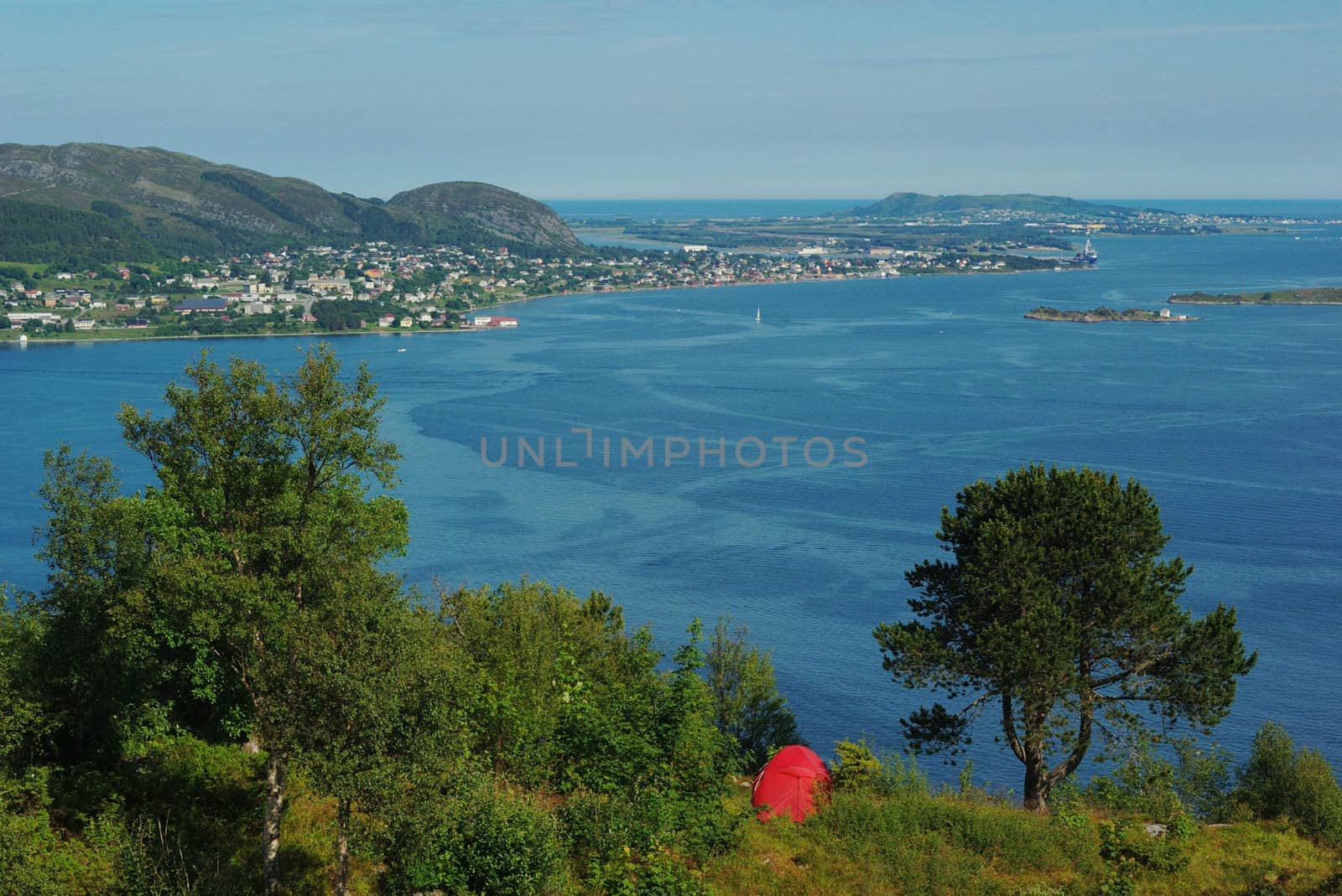 Camping above Aalesund, Norway with a view on the surrounding skerry landscape