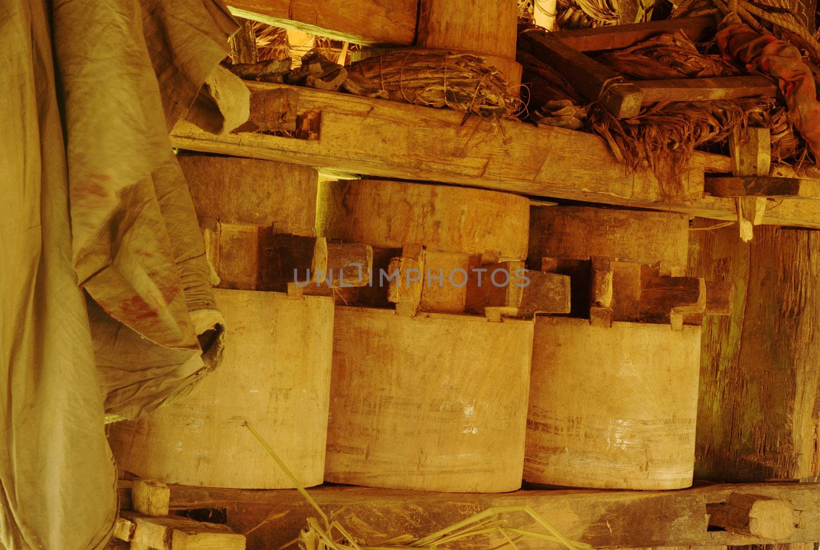 Wooden sugarcane press for making sap in Colombia  