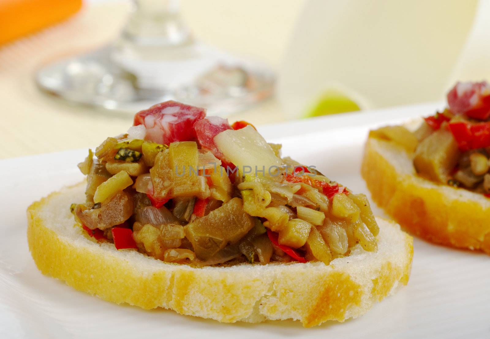 Fried vegetables on a baguette slice (Shallow depth of field, Focus on Front) 