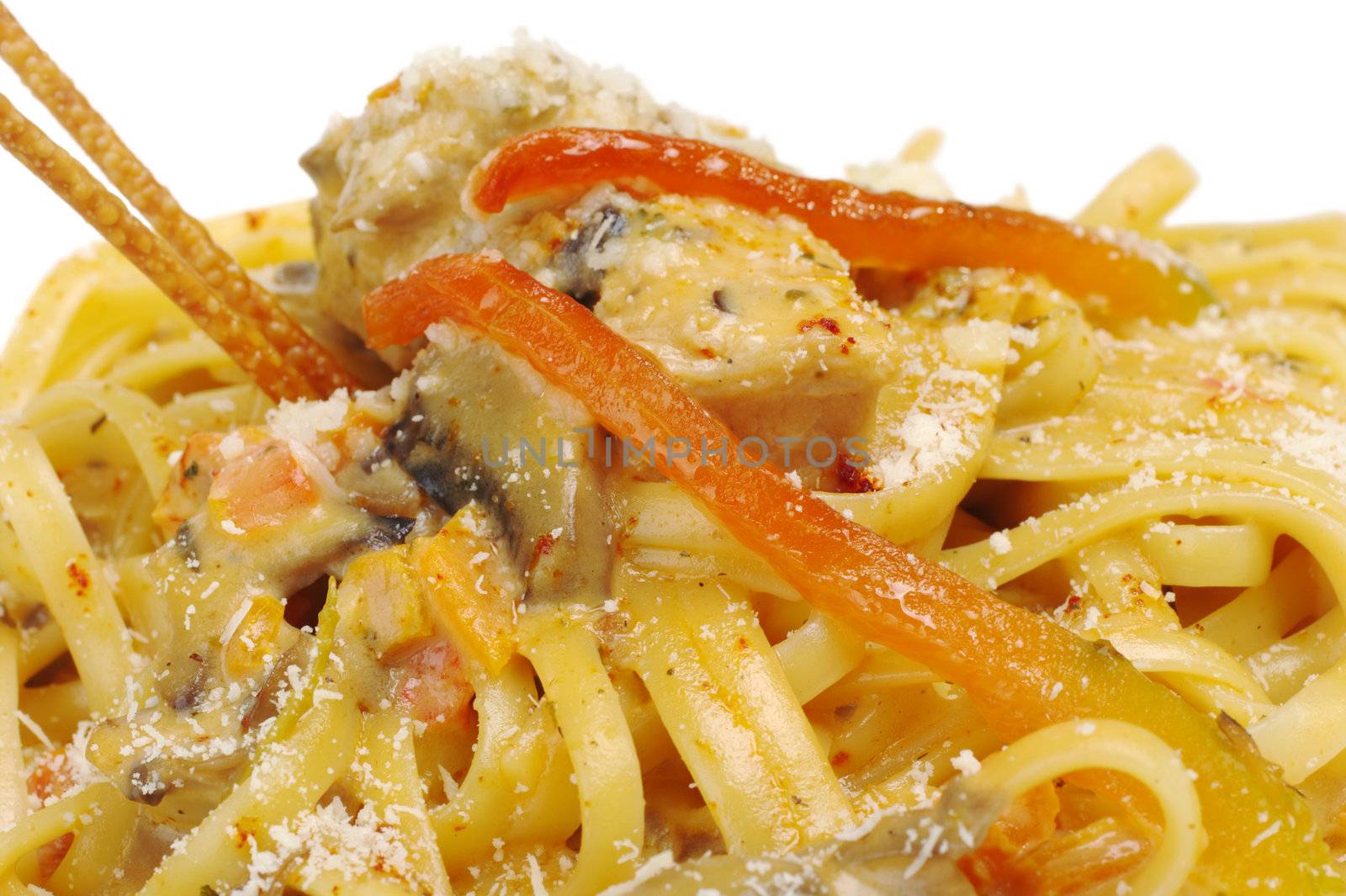 Fettuccine with chicken, mushrooms and red bell pepper (Selective Focus, Focus on Front)