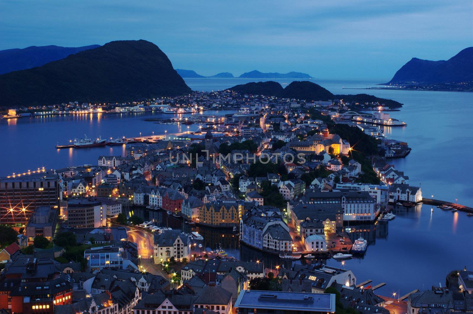 The Norwegian coastal town of Aalesund photographed at night