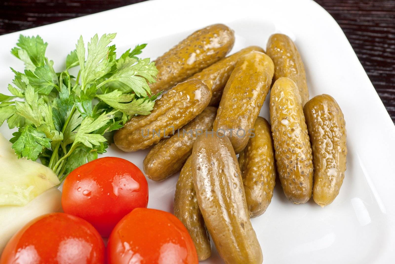 pickled vegetables of tomato, cucumber and cabbage